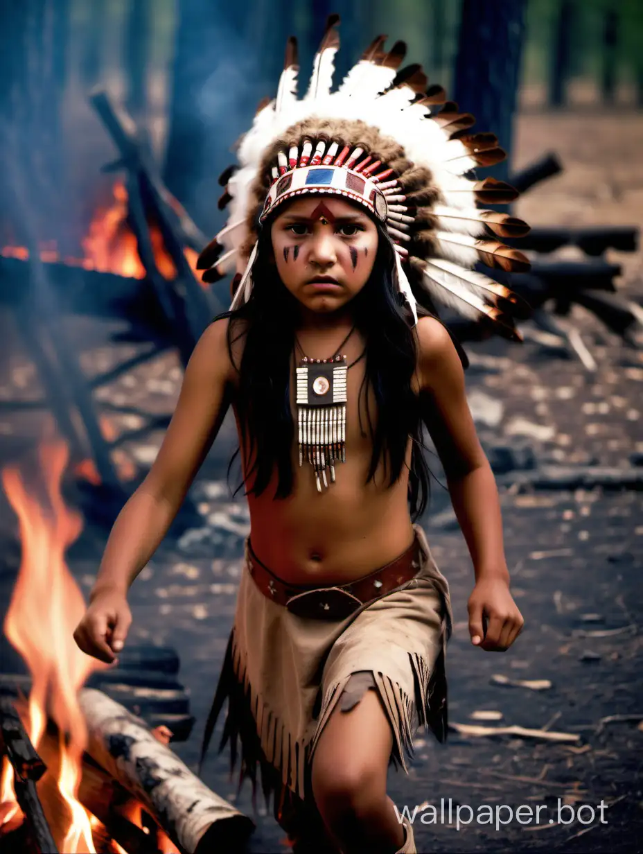 Bloody 12 year old native American girl black hair brown eyes wearing small top Indian headdress doing war dance around camp fire