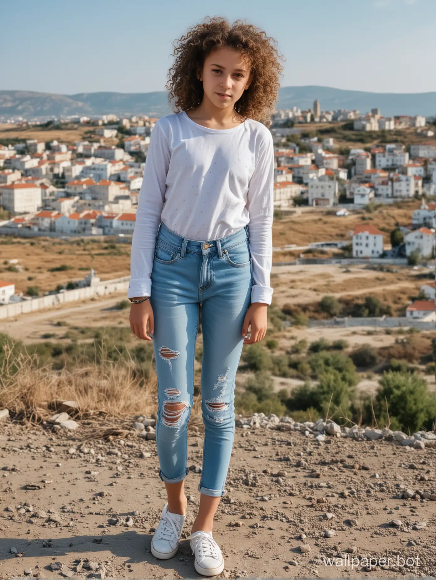 An 11-year-old girl with curly hair in light jeans with holes, Crimea, view of a small town, full length