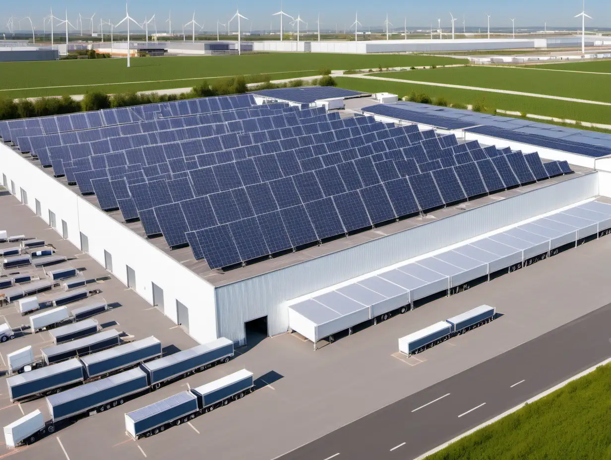 modern green energy efficient logistics warehouse with trailers parked in dedicated loading docks, solar pannels covering the roof and wind turbine fields in the background