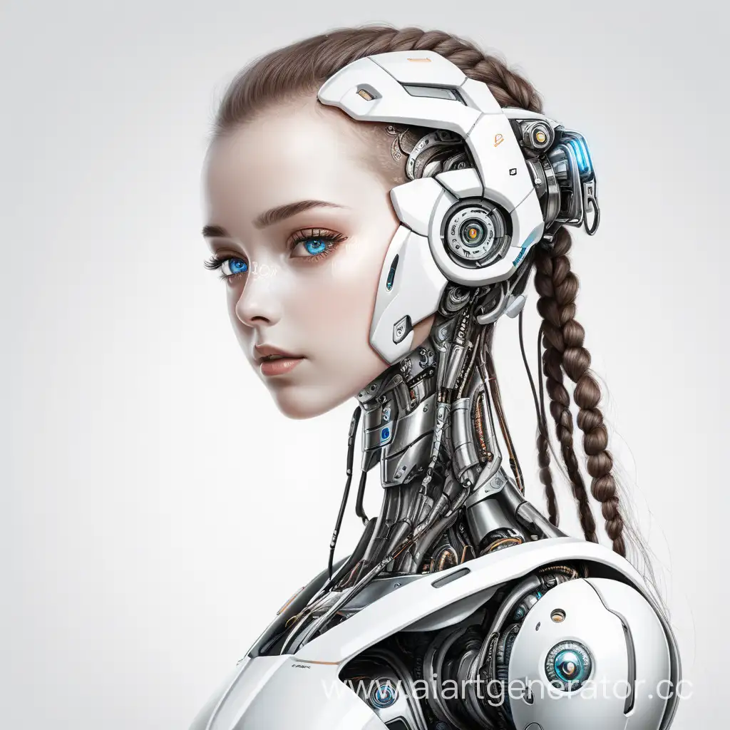 Портрет, красивая девушка робот, детально прорисовано лицо,  на белом фоне, во весь рост