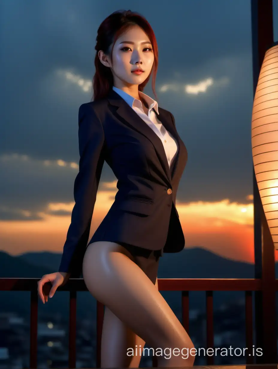 A glamorous and intelligent good looking japonica woman elegantly tight office suits standing on the sunset lamp onsen, perfect glamour, powerful sharp abs, beautiful legs, hyperrealism, 8K UHD, realistic skin texture, imperfect skin, shot with Canon EOS 5D Mark IV, highly detailed, masterpiece, full body in image.