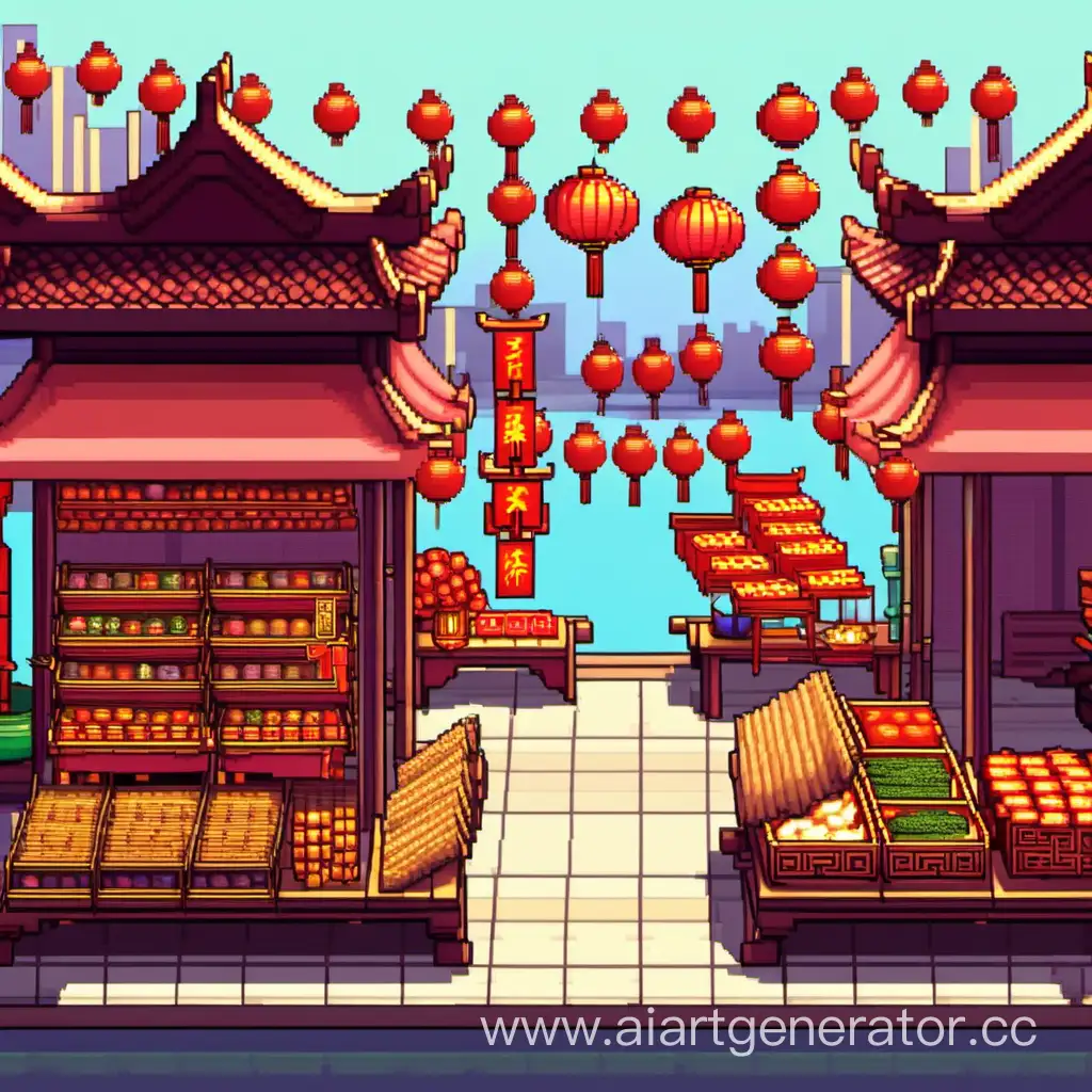 Chinese New Year, cozy, pixelart, gameart, pagoda, street market, composition, lake