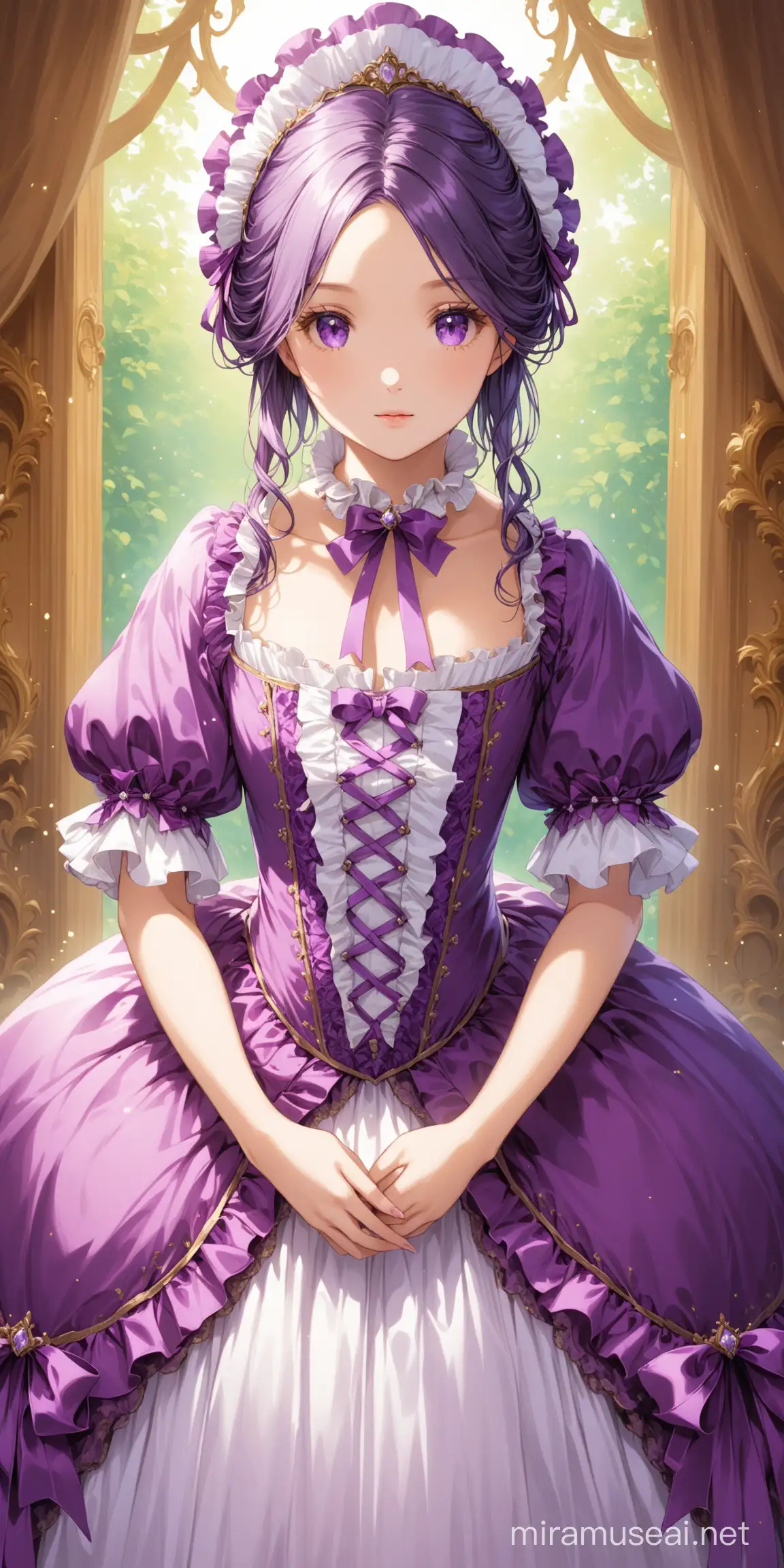 Girl in purple rococo dress, front facing, looking into the camera,