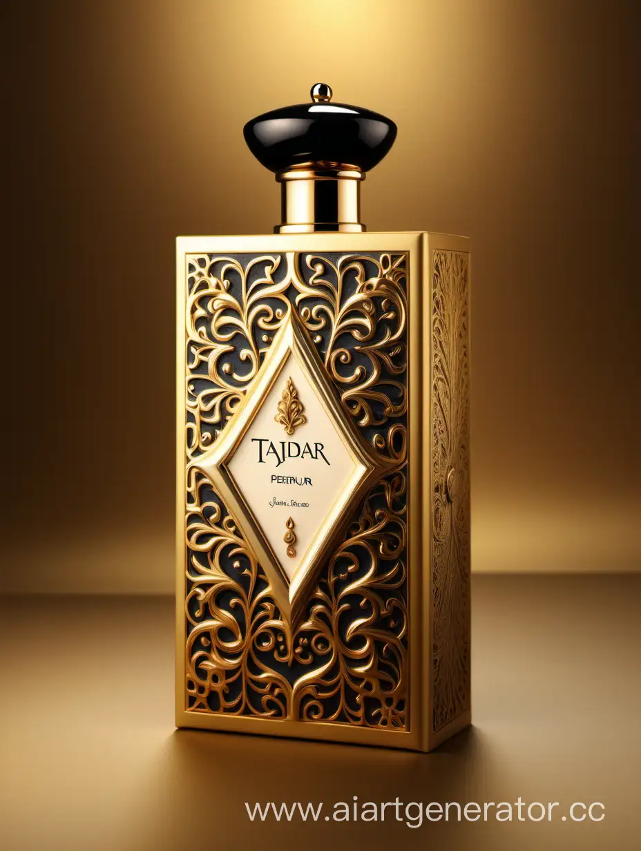 Box package design of perfume TAJDAR product, elegant, trending on artstation,   sharp focus,   studio photo,   intricate details,   highly detailed,   gold, Royal black and beige color on gold background