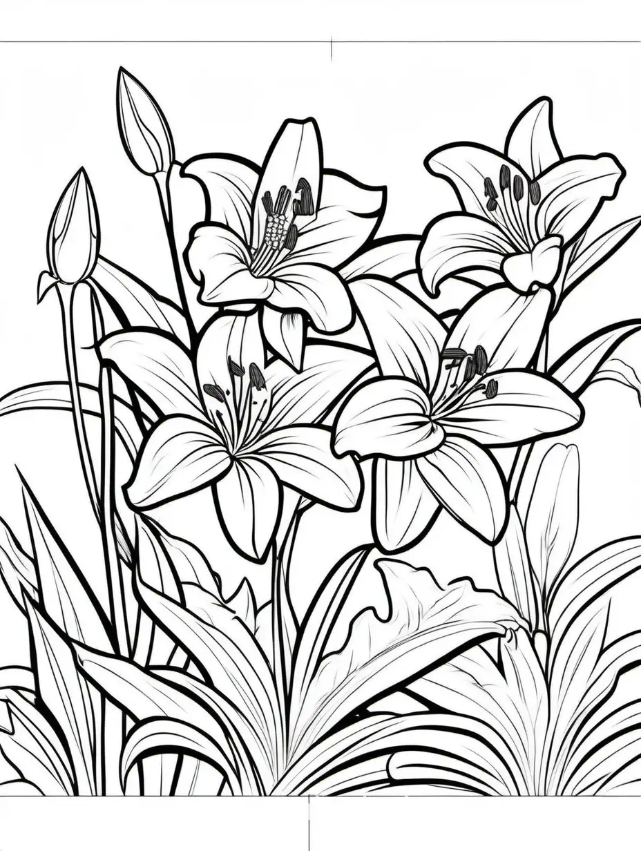 happy friendly playful isolated lilies coloring book page for kids, Coloring Page, black and white, line art, white background, Simplicity, Ample White Space. The background of the coloring page is plain white to make it easy for young children to color within the lines. The outlines of all the subjects are easy to distinguish, making it simple for kids to color without too much difficulty, Coloring Page, black and white, line art, white background, Simplicity, Ample White Space. The background of the coloring page is plain white to make it easy for young children to color within the lines. The outlines of all the subjects are easy to distinguish, making it simple for kids to color without too much difficulty