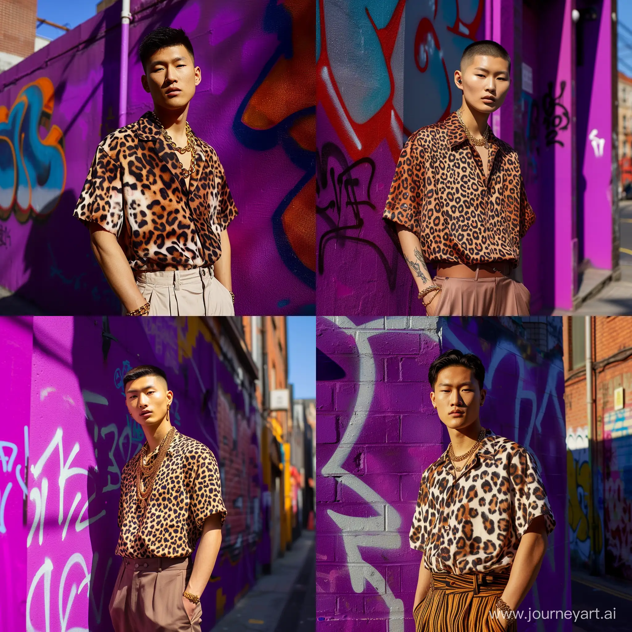 editorial fashion shot, Asian ethnicity, male, short hair, bold features, confident stance, animal print shirt, low-waisted trousers, chunky gold chain necklace, urban street scene, vibrant purple graffiti wall, saturated colors, sharp shadows in bright daylight, urban chic mood --v 6 --ar 1:1 --no 72464