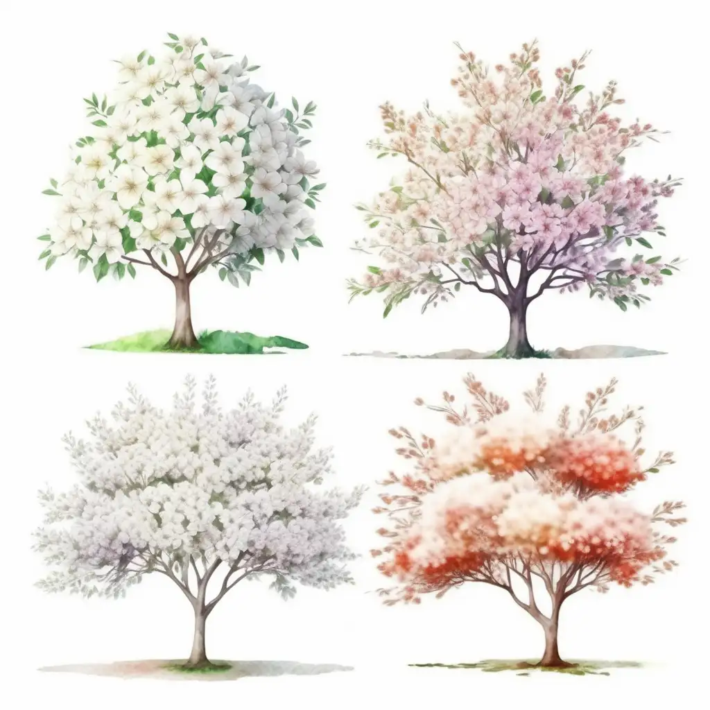 Bílé pozadí_Vytvoř realistickou _Květoucí stromy, každý zvlášť
_akvarel styl

