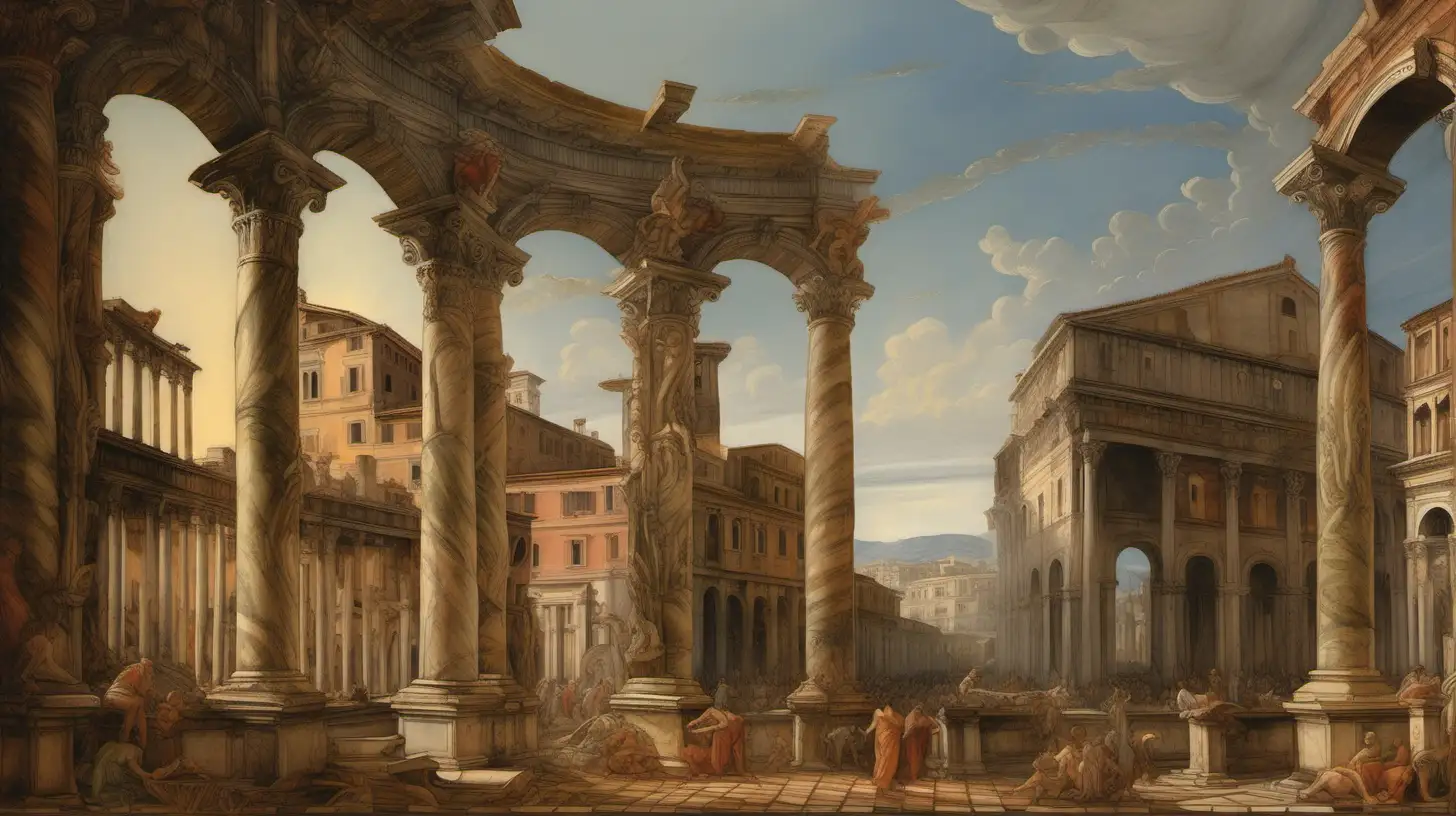 "Generate a capriccio image that combines the architectural grandeur of ancient ruined Rome with the whimsical and imaginative style of Filippo Lippi. Incorporate elements such as Roman ruins, classical columns, and arches, but infuse the scene with the dreamlike and fantastical atmosphere characteristic of Lippi's art. Pay attention to the play of light and shadow, as well as the use of vibrant colors and intricate details to evoke the spirit of both ancient Rome and the Renaissance. Let the composition be a harmonious blend of historical accuracy and artistic fantasy."