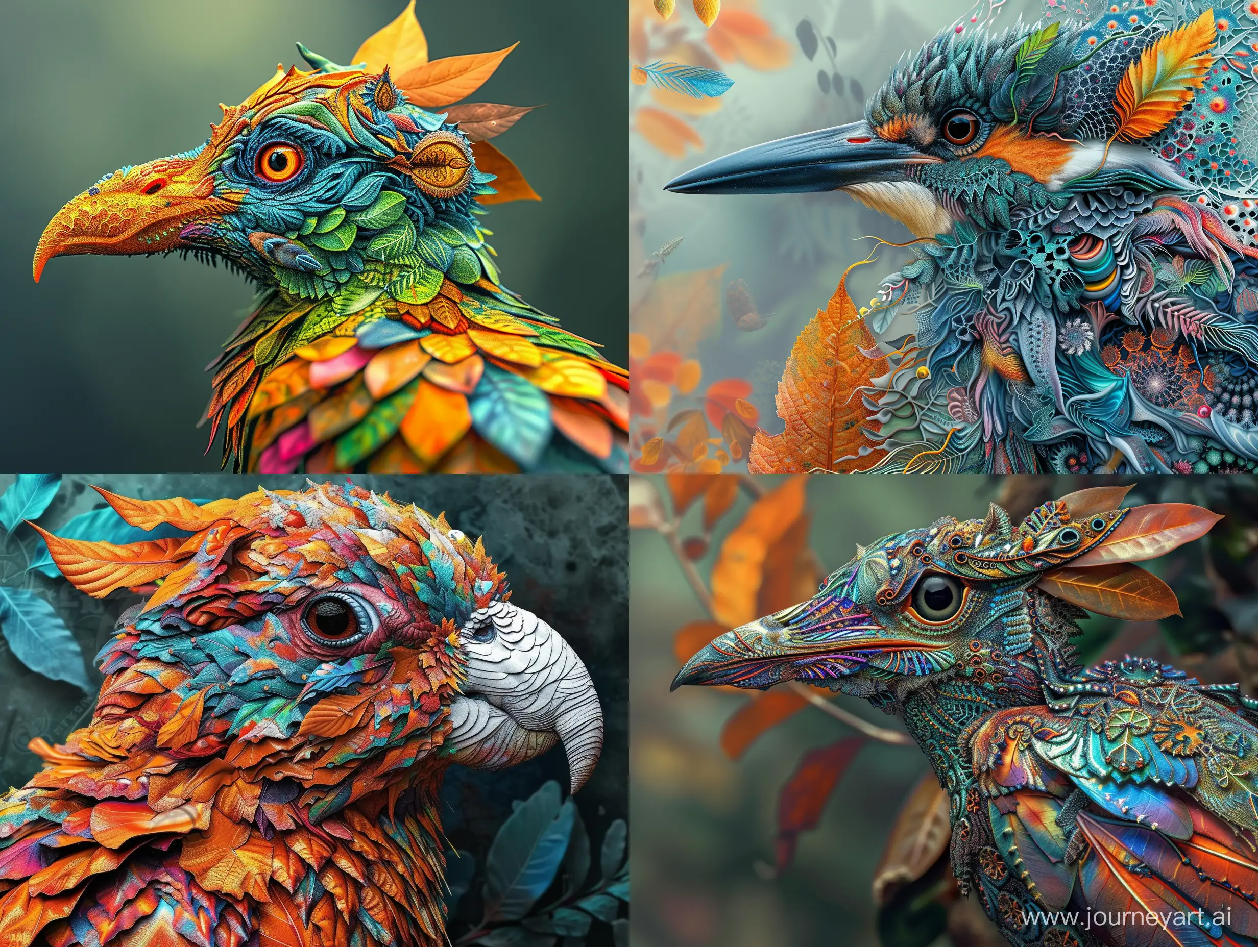  Hyper realistic portrait of a unique beautiful bird wearing intricately detail multicolored fractal art, painting Canvas Poster, leaf, animals, interwoven in abstract shapes
