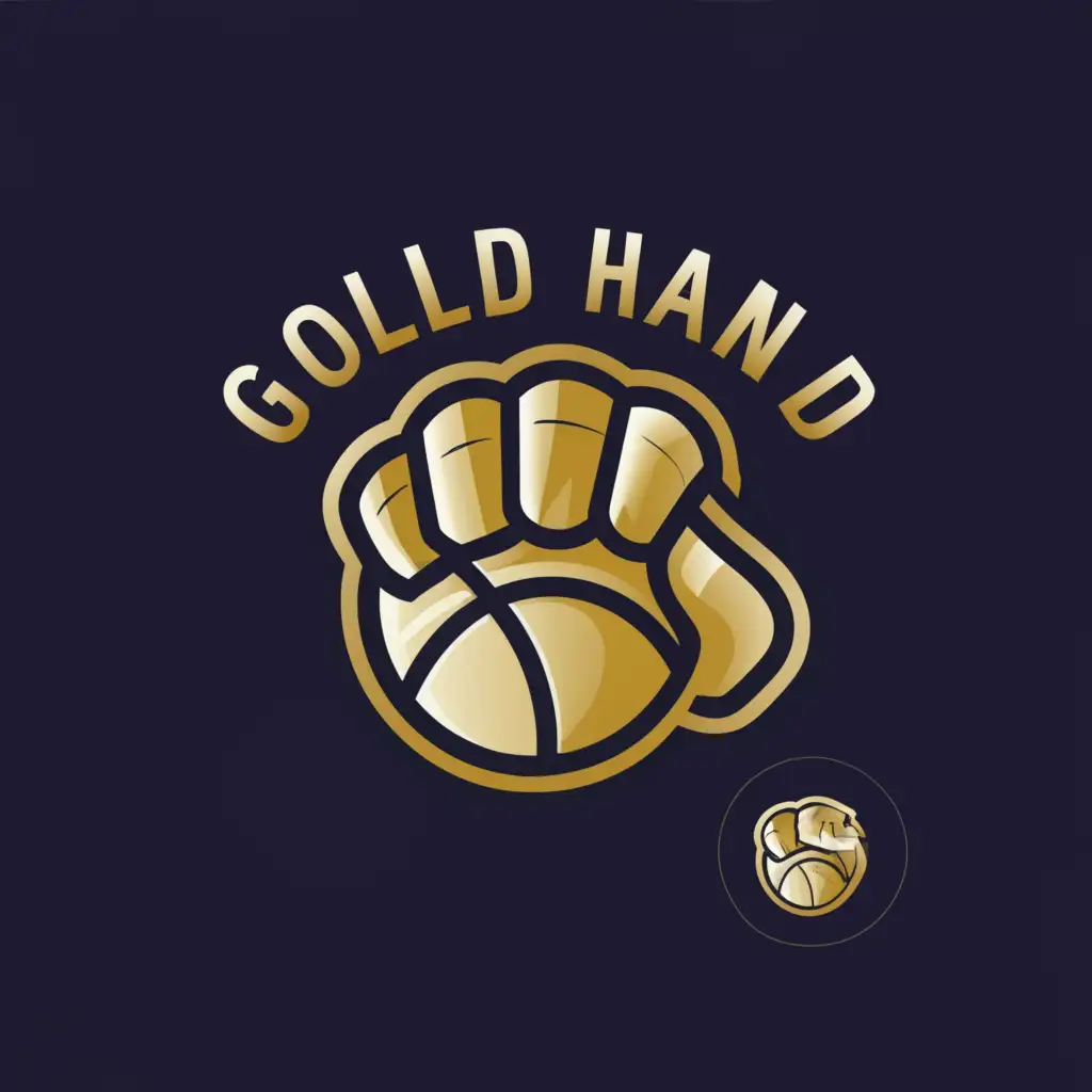 a logo design,with the text "Gold Hand", main symbol:gold fist with a basketball,complex,clear background