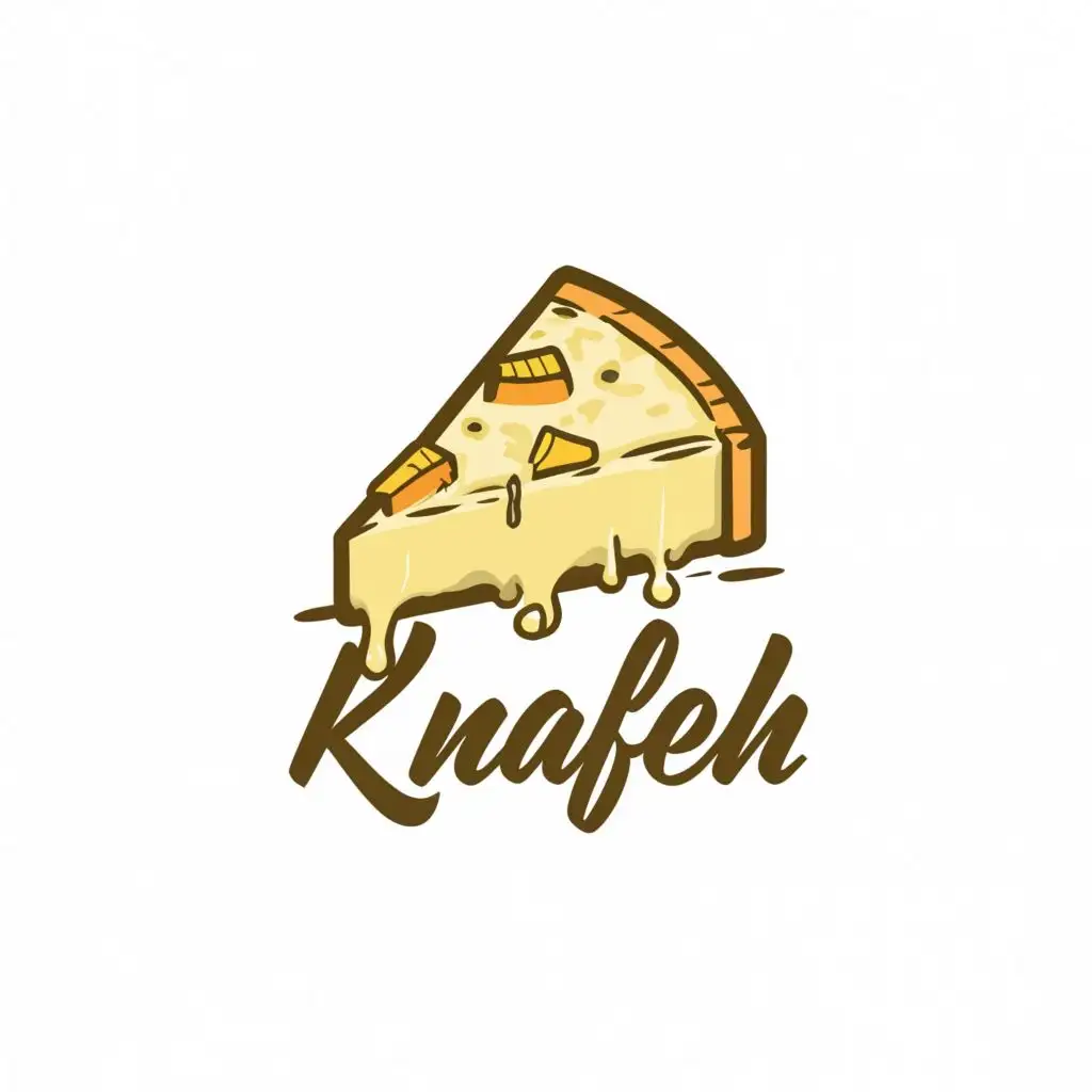 logo, A piece of Nabulsi cheese, with the text "Knafeh", typography, be used in Restaurant industry The top layer  made of shredded phyllo dough that is mixed with butter and sugar. This layer becomes crispy and golden brown when baked, adding a crunchy texture to the dessert. Additionally, some variations of knafeh may include nuts in the top layer for added flavor and richness.
