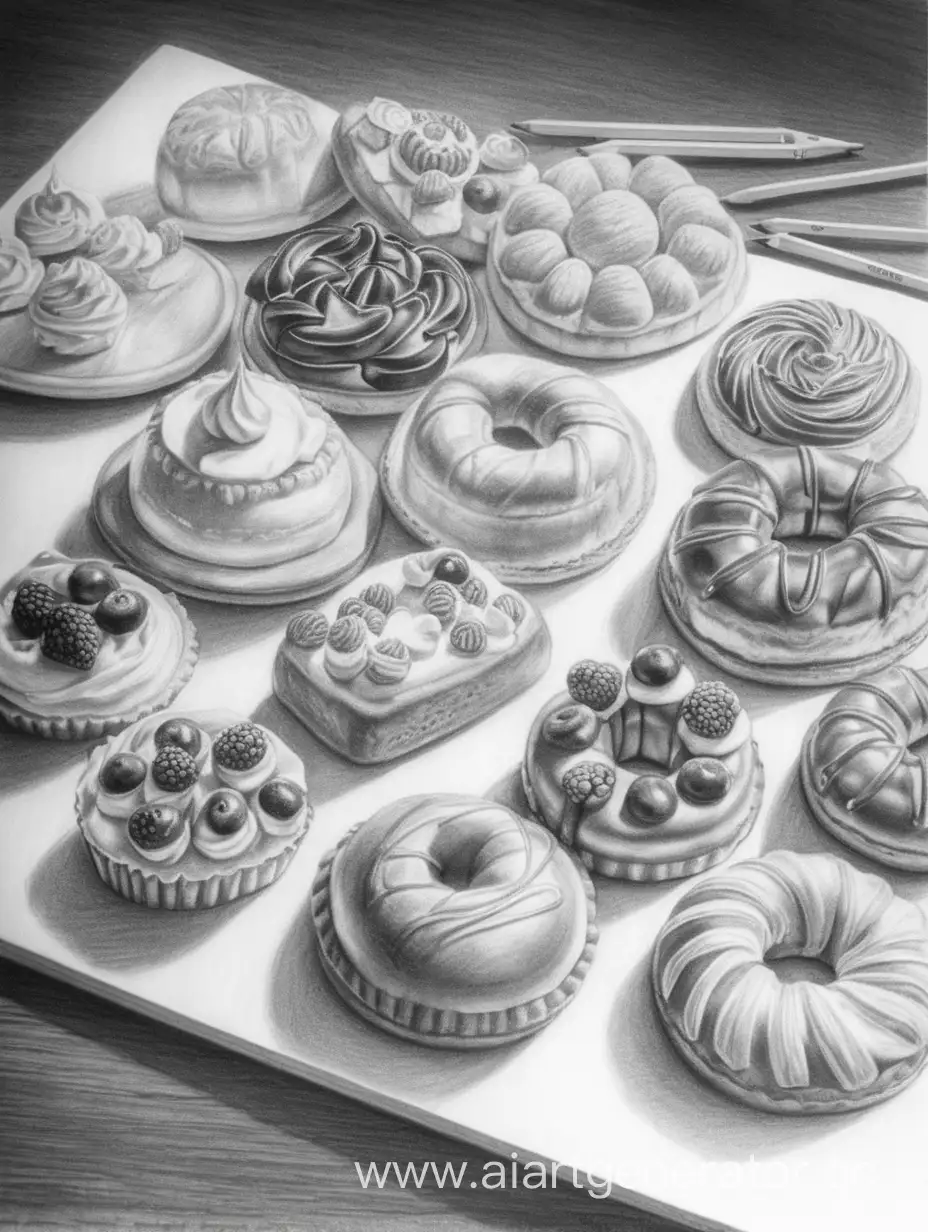 pencil drawing, pastries
