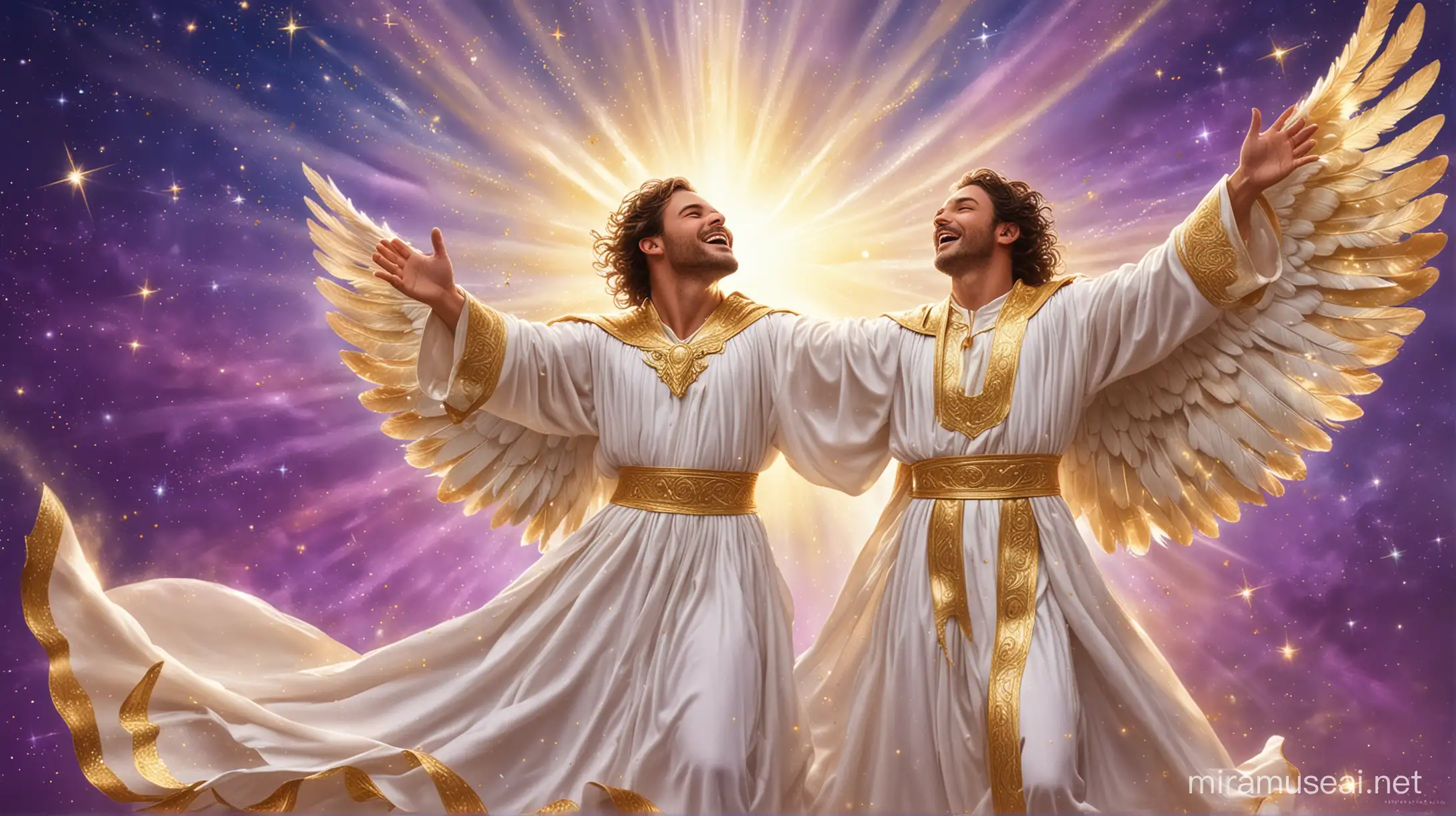 Digital image: Royal blue purple background. Rays of light. Stardust and glitter in the air. Joyous singing of praise. A male angel in a shimmering regal gold-trimmed white robe and golden breastplate. Rainbow. Angels blow into the Golden Horn, it becomes sound waves. Angels joyfully praise and sing.