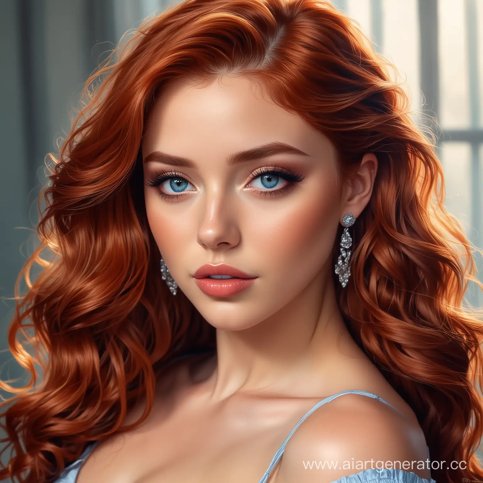 Captivating-RedHaired-Woman-in-Elegant-Dress-with-Shimmering-Lips-and-Round-Earrings