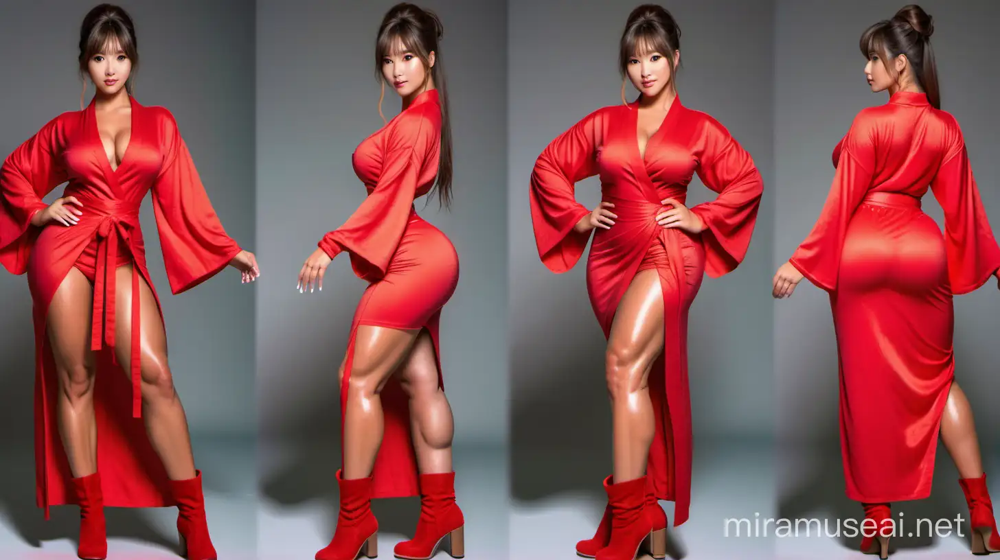 cute girl; Extremely gigantic; extremely muscular; extremely muscular arms; sexy; very beautiful; seductive; has bangs; two-slit red dress; wrap-up sleeves; long platform boots with thick soles; extremely massive thighs; extremely muscular thighs; kimono sleeves; messy hairstyle; tanned; extremely large and massive legs; very big breasts; cleavage;                                                               