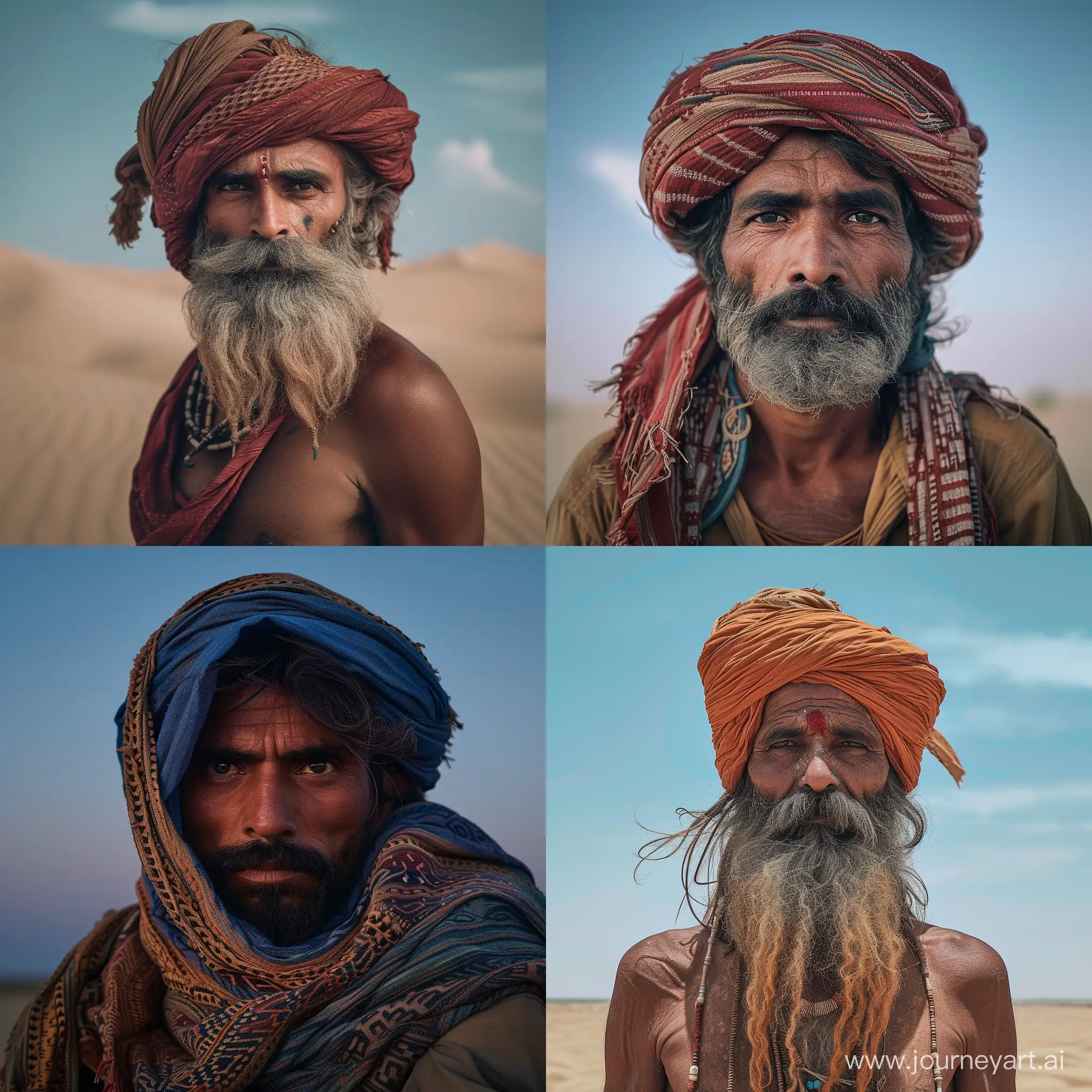 portrait jat tribe india half body background desert with bleu sky soft light and contrast  fuji 50mm xt4 fotorealistisch