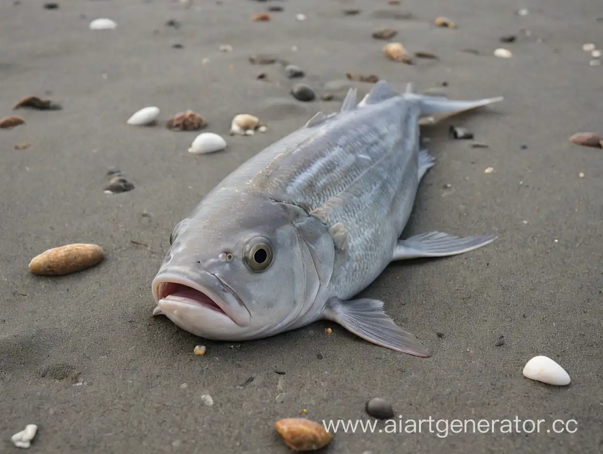 Lifeless-Fish-Lying-on-Desolate-Gray-Beach