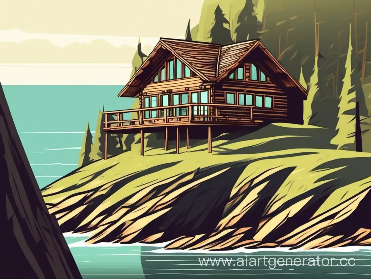 wooden chalet on the cliff.illustration style