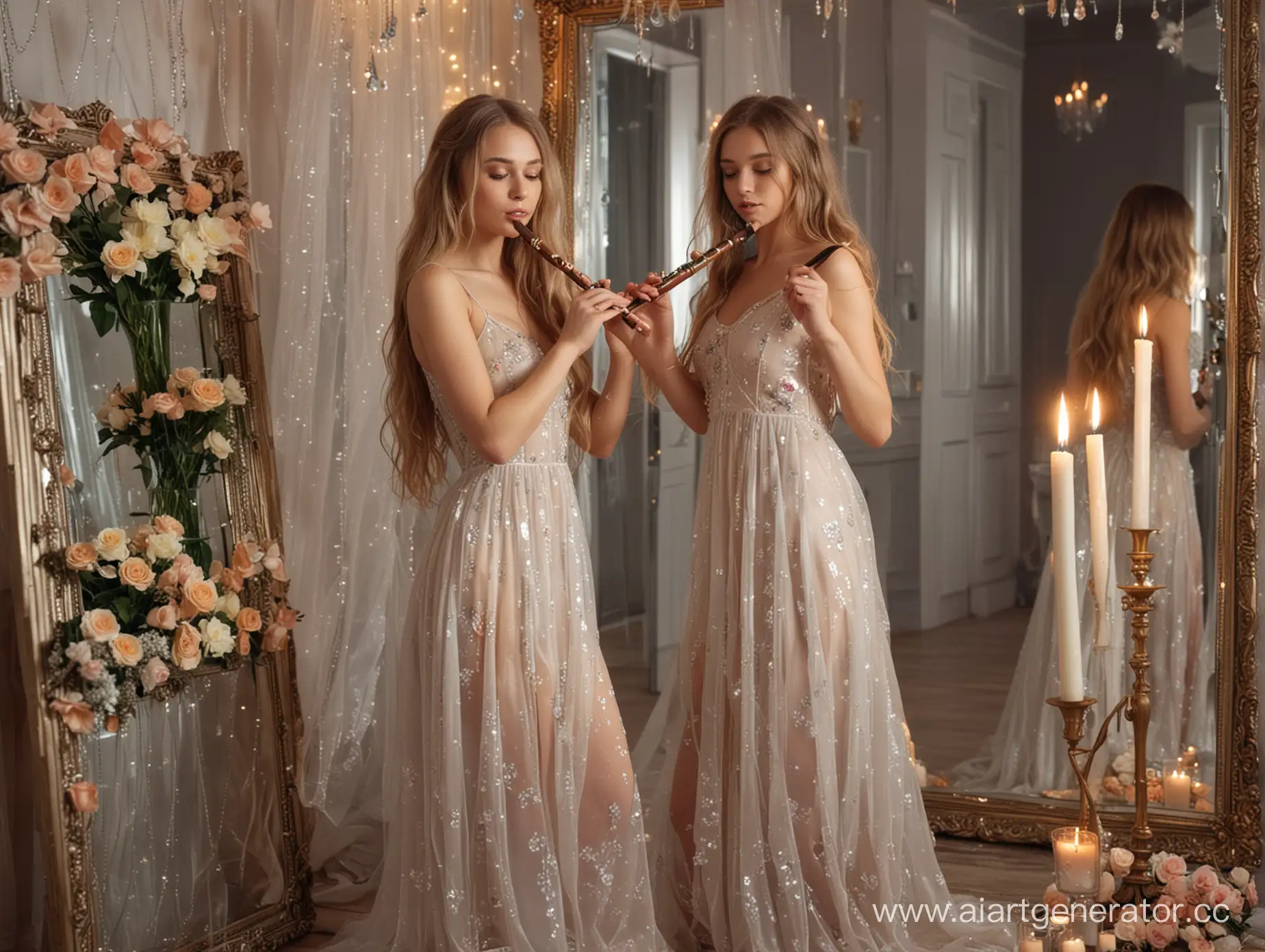 Цветочная комната с зеркалами, свечи, Молодая сексуальная Русская девушка играет на флейте, Бальное полупрозрачное платье, волнистые длинные волосы.
