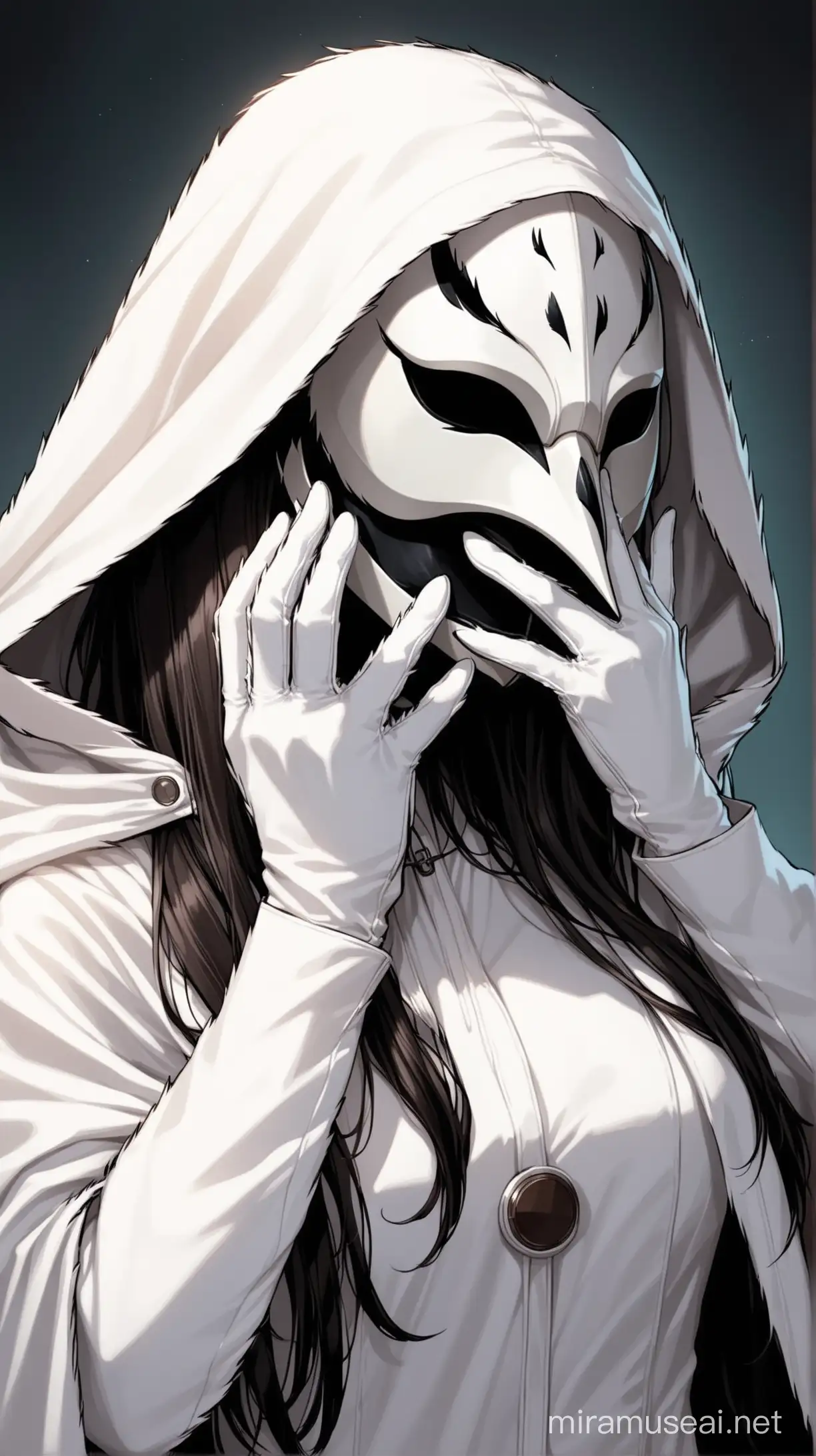A female plauge doctor with white leather crow mask. She has an all white leather cloak that covers her head. She has her white gloved hands holding the woman's face to her mask.