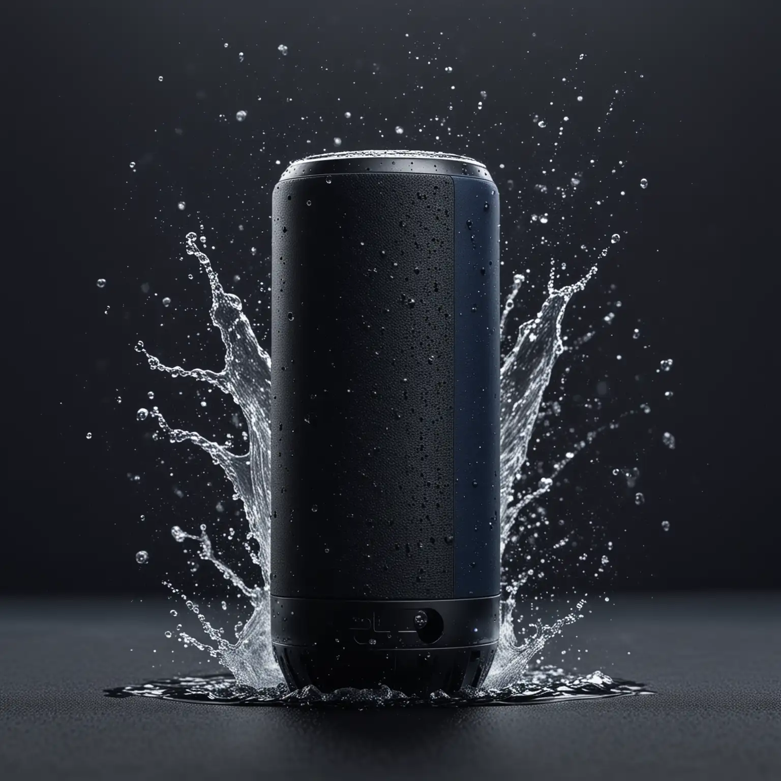 Black Waterproof Speaker with Water Splash and Dark Blue Background