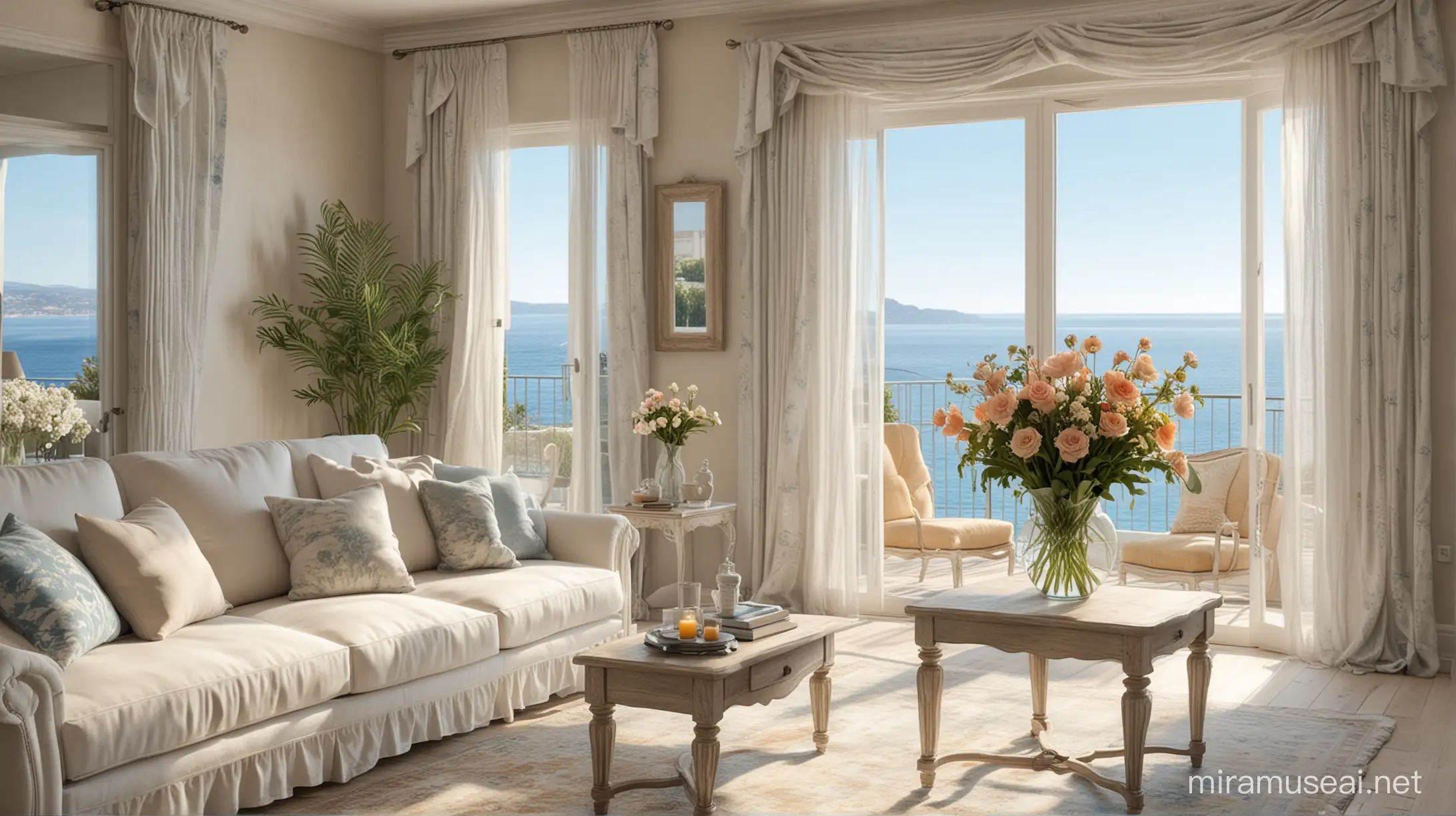 /imagine an artist rendering of an inside view overlooking the ocean on the french riviera with shabby chic decor living room furntiure with a clear glass flower vase with fresh cut flowers and french country curtains