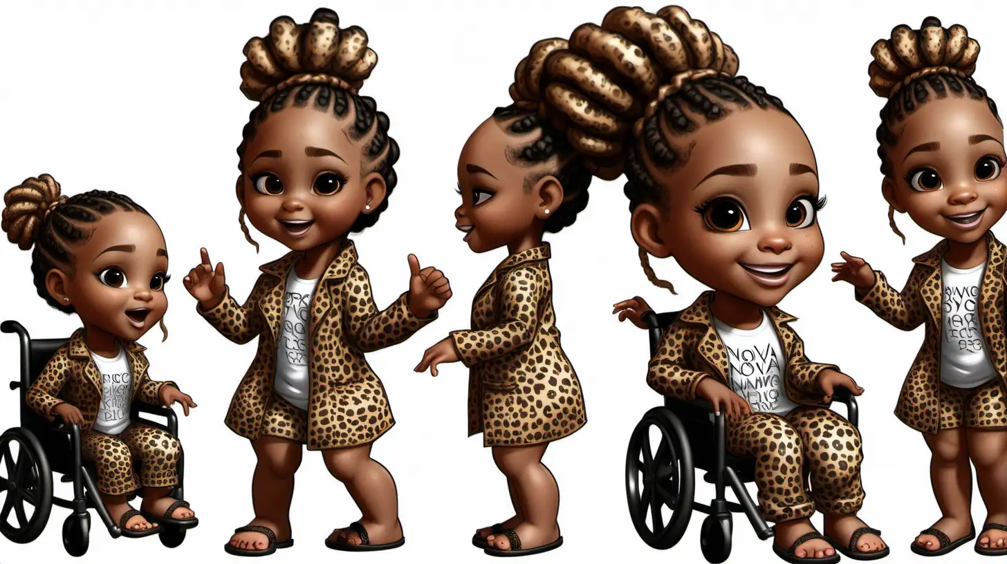 African American girl  toddler named Stori Nova in a wheelchair wearing leopard print pajamas hair styled in braids
detailed character sheet, multiple poses, and expressions isolated white background hyper-detailed fine details