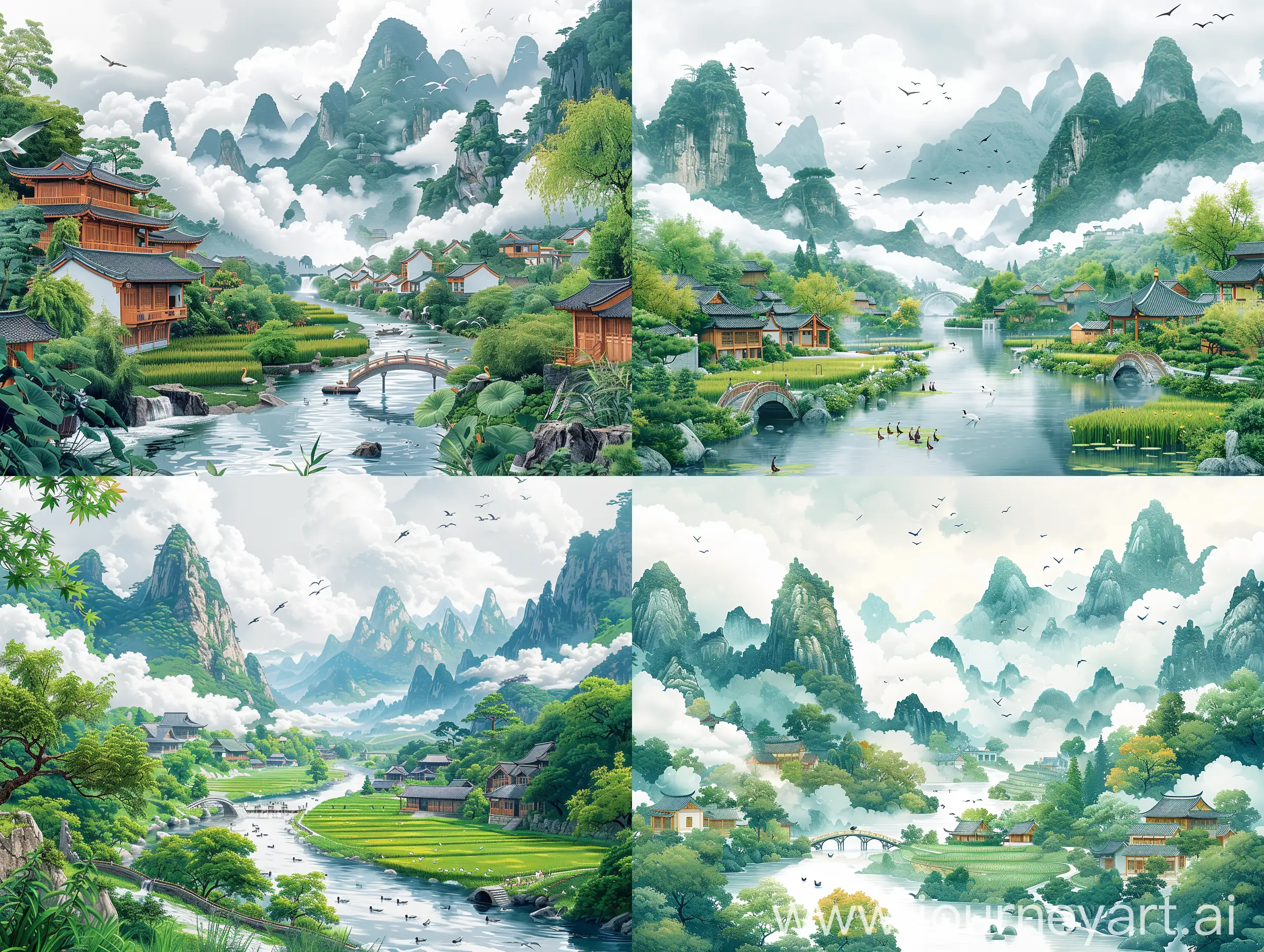Chinese style illustration, flat painting, whiteclouds and green mountains, distant villages, riverflowing through. The scene includes mature ricefields, small bridges and flowing water, ducks.traditional Chinese wooden house buildings, andriver gulls flying in the sky in the distance. This is avibrant cartoon style illustration on a white background with HD details and a bright colorpalette in the style of traditional Chinese artists
HD,--ar 9:16 --v 6.0 --s 750