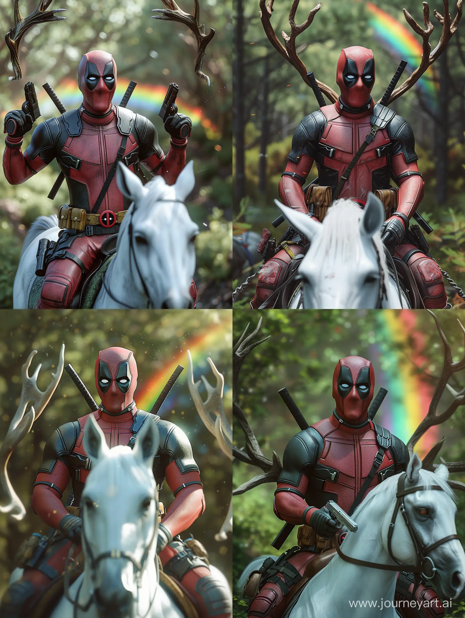 Deadpool-Riding-a-Majestic-Antlered-Horse-in-a-Enchanted-Forest-with-Rainbow