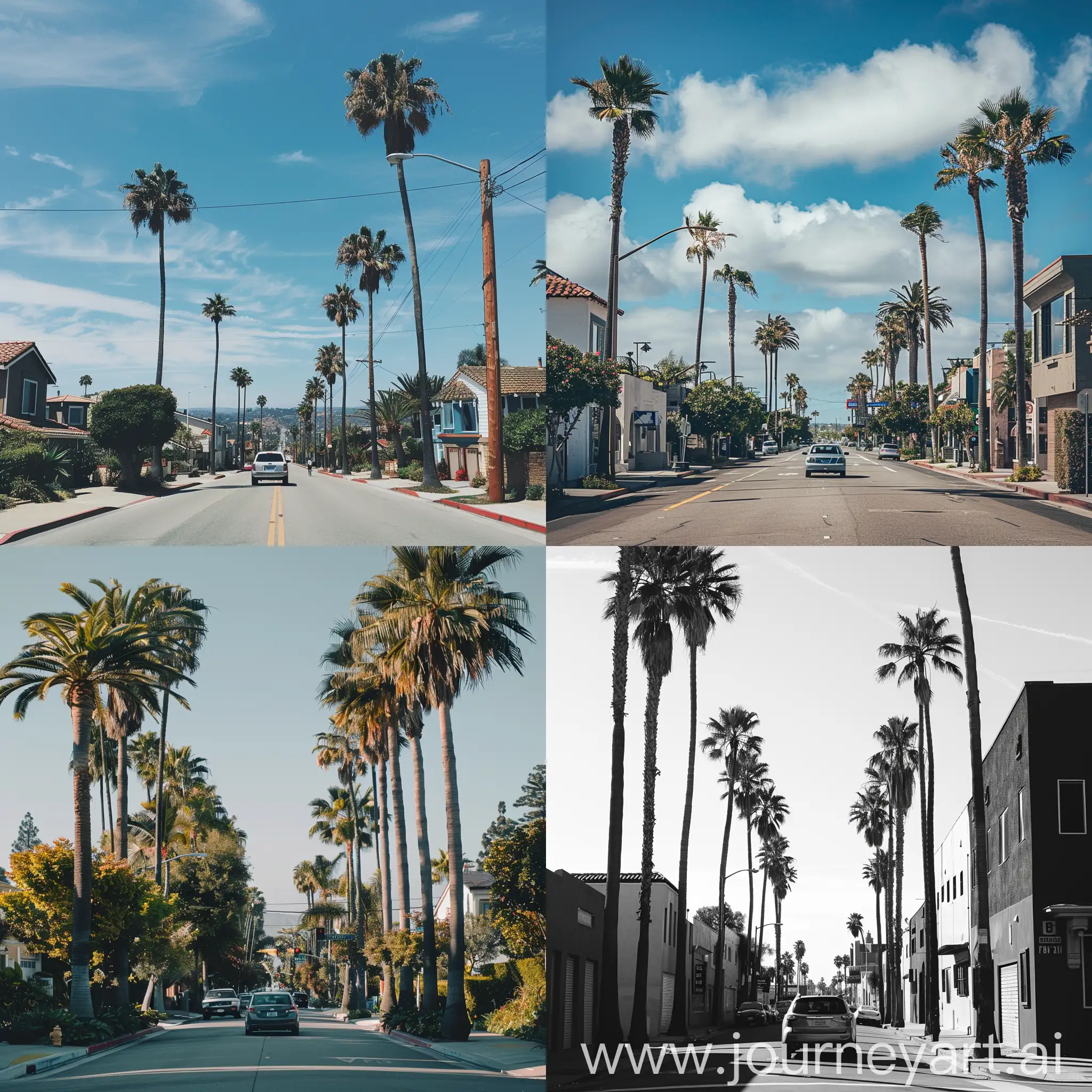 Street in the small city in California. A car on the way and the palms on the street