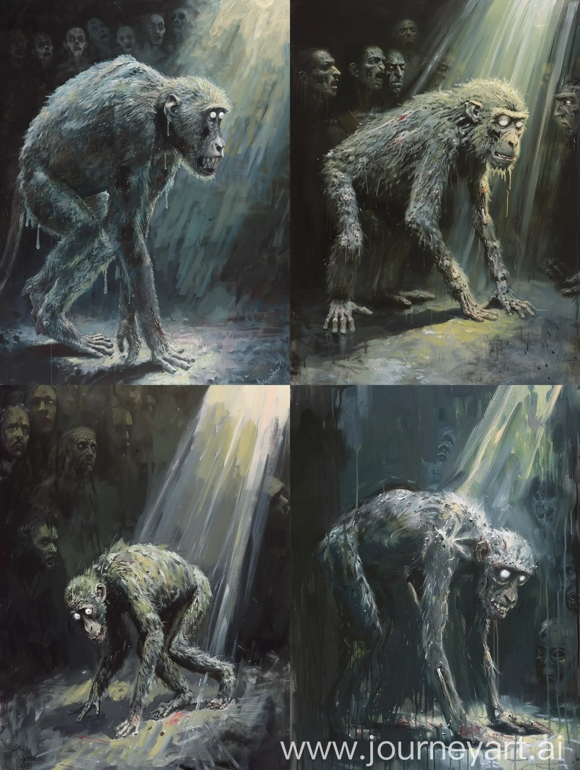 Artistic style: The painting should be done in the style of impressionism, with vague and clear strokes, similar to the work of Claude Monet. This style will help convey the atmosphere of mysticism and nervousness that surrounds the zombie baboon.  Color scheme: The zombie baboon should be grayish in color, with elements of green, as well as with rotting flesh and protruding bones. The baboon's eyes should be white, blind, with white, slightly bluish pupils. The surrounding space should be presented in dark, black and gray tones, giving the impression of darkness and menace.  Composition: The zombie baboon should be in the center of the painting, walking slowly and hunched towards the light, which comes in light yellow, almost white rays from the upper right corner of the painting. Such a composition will create a feeling of movement and tension, accentuated by a mystical atmosphere.  Lighting: The main light source should be the rays coming from the upper right corner of the painting, illuminating the zombie baboon and creating a contrast between darkness and light. This lighting should highlight the ominous and ambiguous nature of the scene.  Mood: The picture should evoke a sense of fear, anxiety and nervousness in the viewer. The zombie baboon, with its soiled and rotting appearance, should create a feeling of disgust and horror. The surrounding faces in the dark should enhance this sense of uncertainty and threat.  Details: The baboon must have a ragged, stained, wet coat reflecting its zombie state. His bones should be visible, creating an effect of horror and disgust in the viewer. The zombie must bend over, with its arms hanging, giving the impression of slow and clumsy movement.