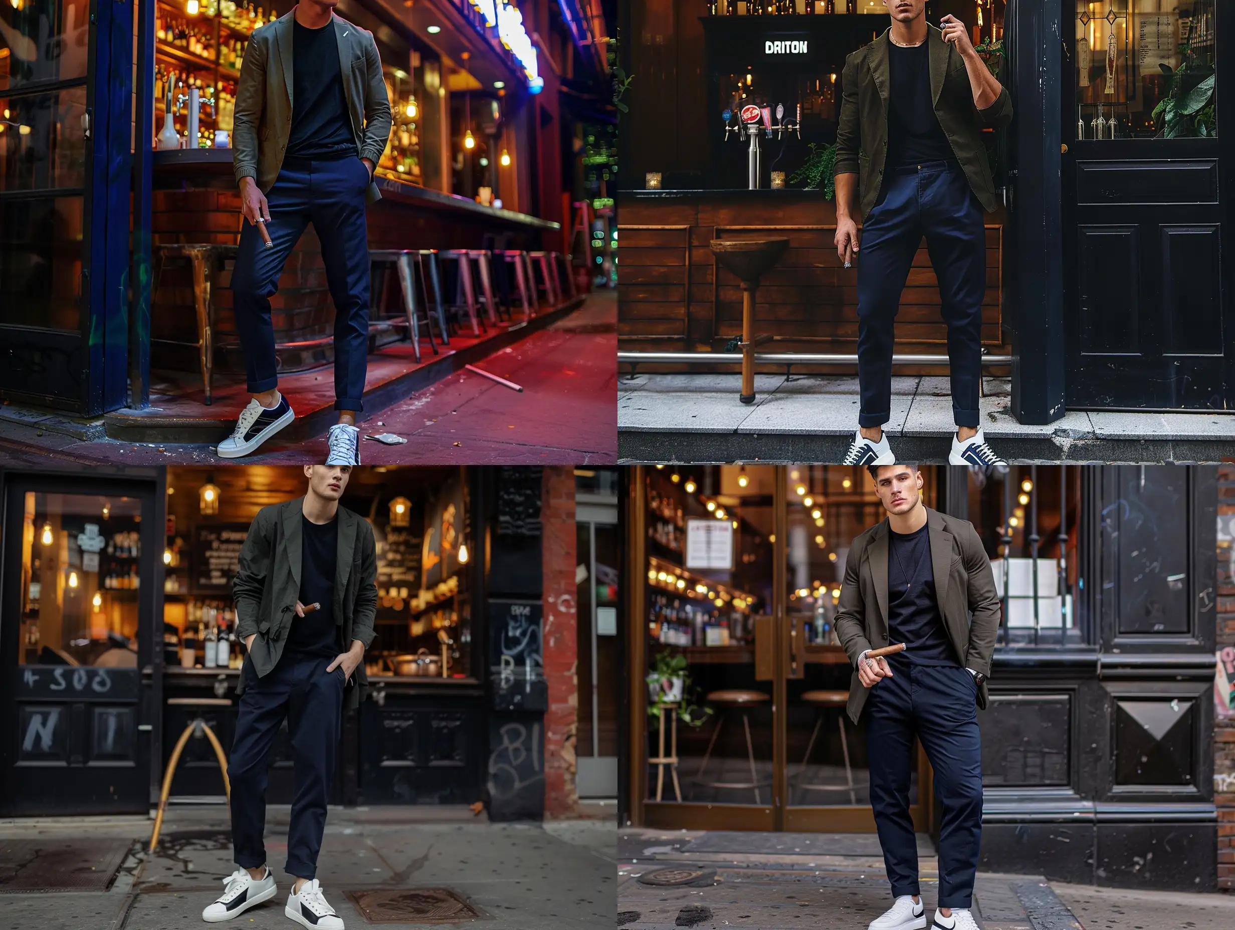 Tall male model with navy blue chino pants, white and black designer sneakers, with a black t-shirt, under a dark olive open blazer, standing in front of a night bar in New York City, holding a cigar.