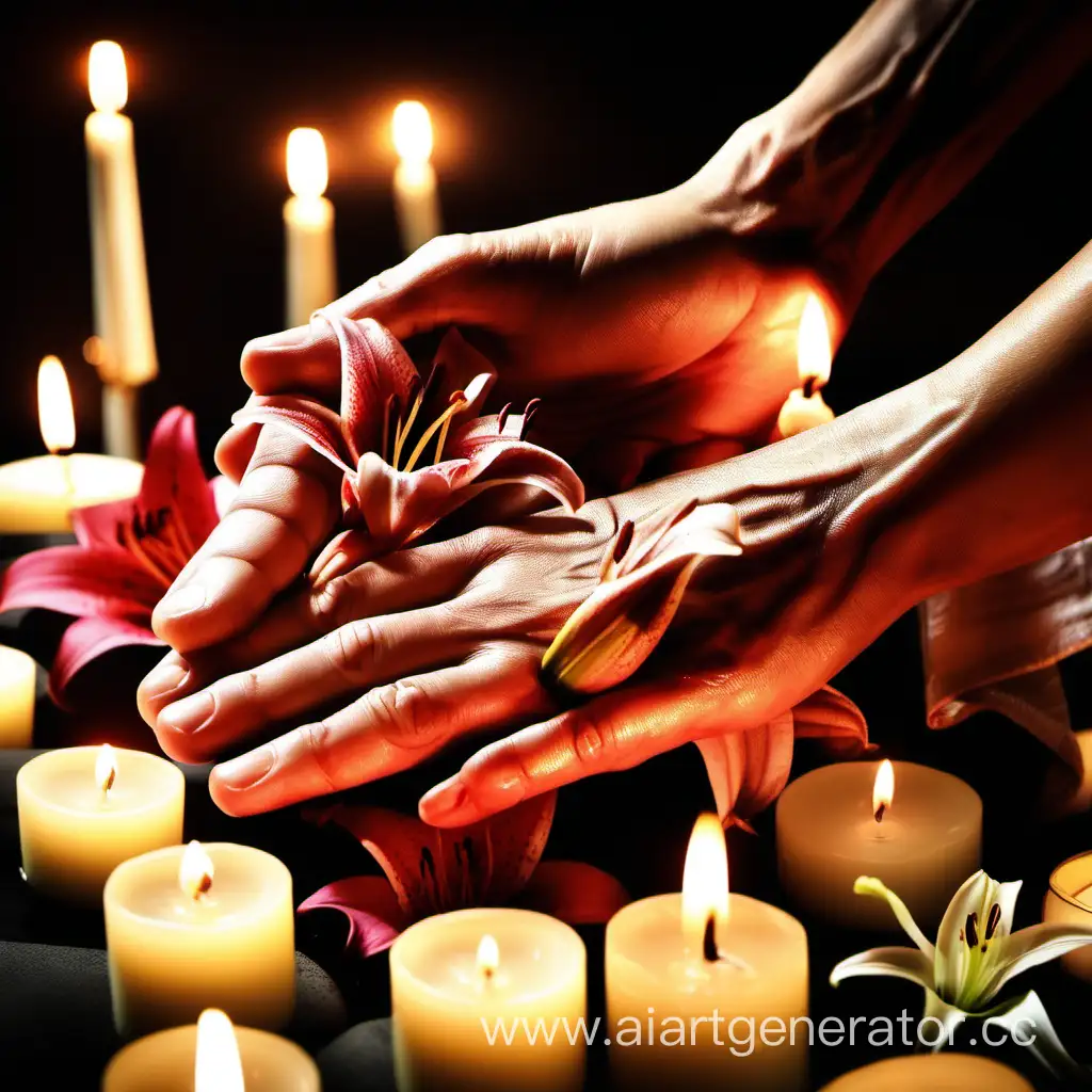 массаж рук, свечи, лилия