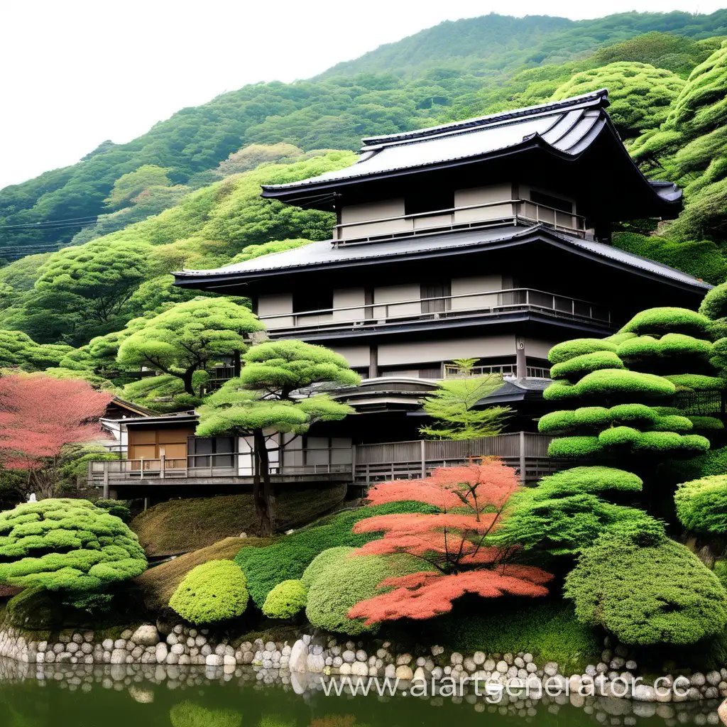 Японский традиционный дом с холмом позади