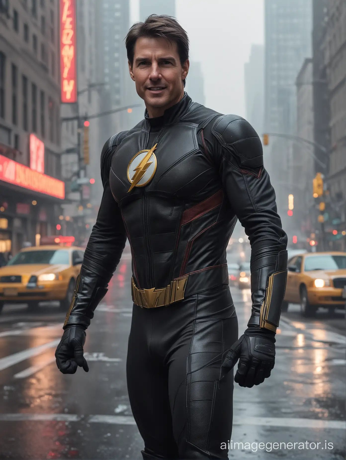 Tom Cruise in original Flash suit, smile in camera face,No Mask, semi full body, 8k photography, high resolution, in foggy new York street as background