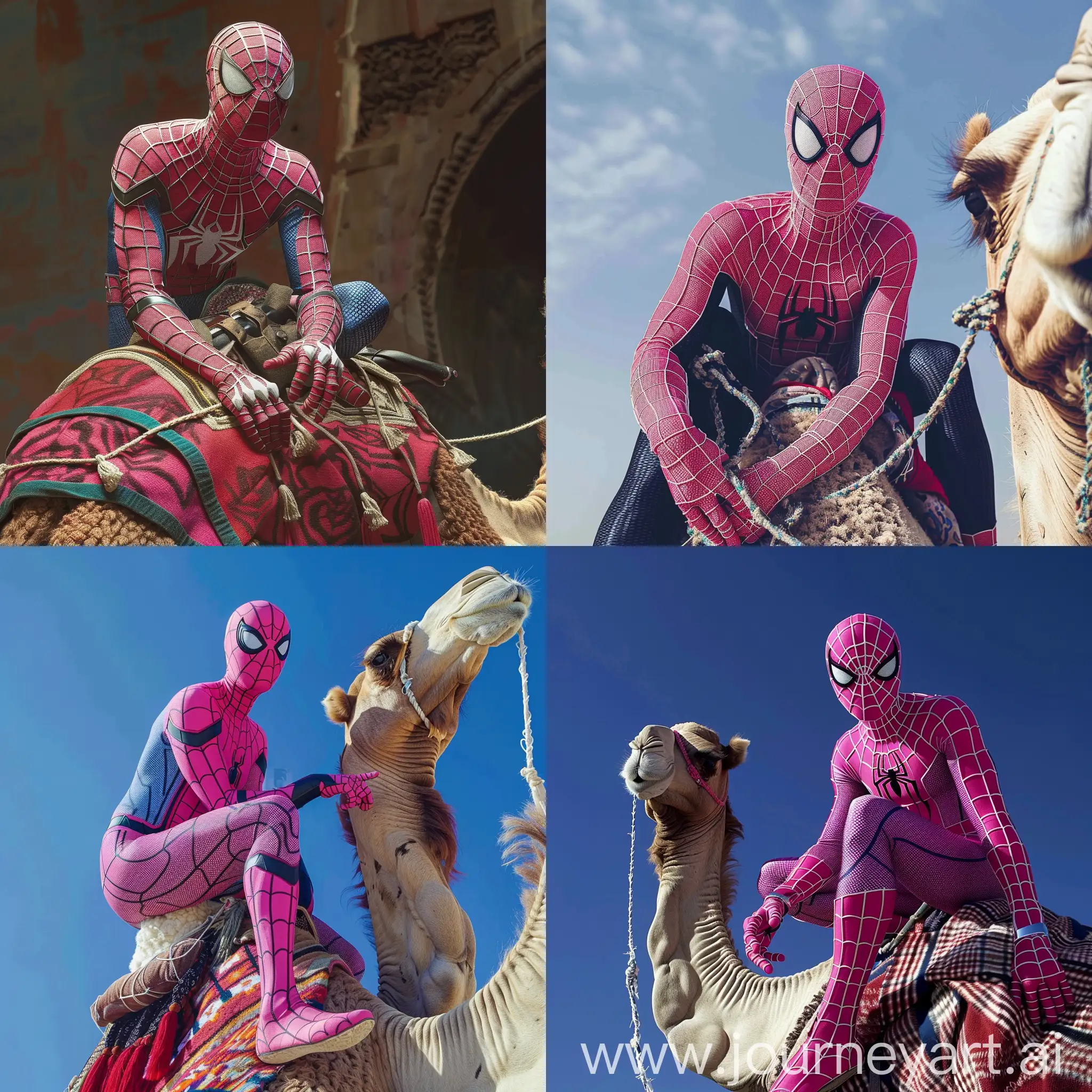 Superhero-on-Desert-Animal-Pink-Spiderman-Seated-on-Camel