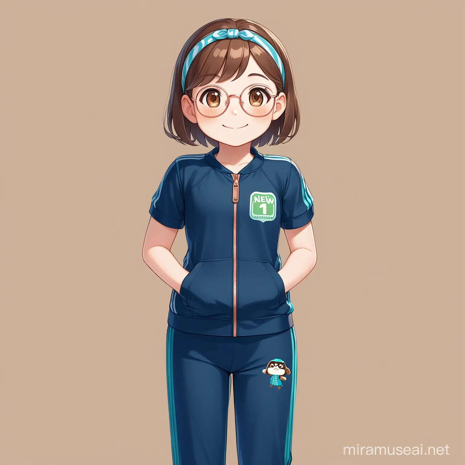 12 year old girl, short brown hair, brown eyes, rose gold glasses, smiling, wearing head band, wearing Animal Crossing New Horizons shirt, wearing navy blue tracksuit pants with cyan stripe up the side