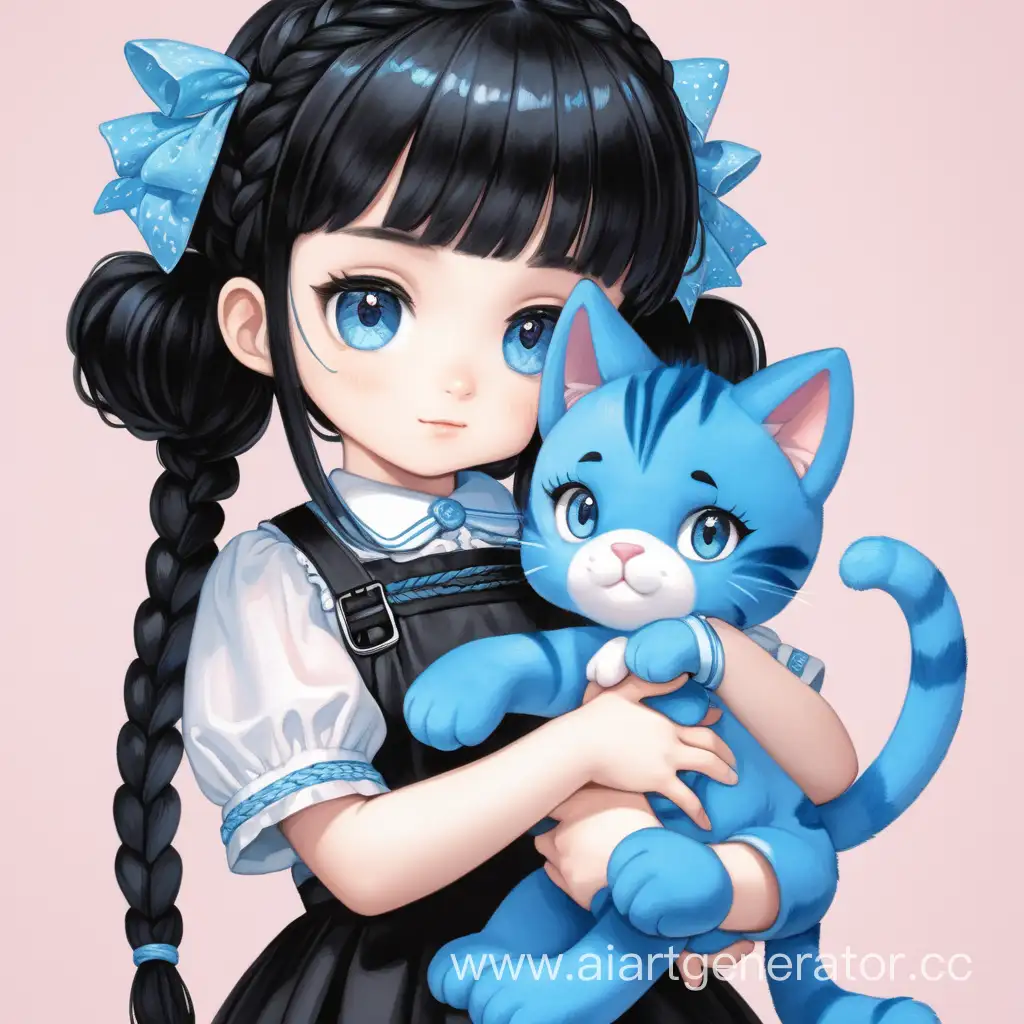 1girl, child, in the hands a plush blue cat, little mistress, black hair, blue eyes, Little braids