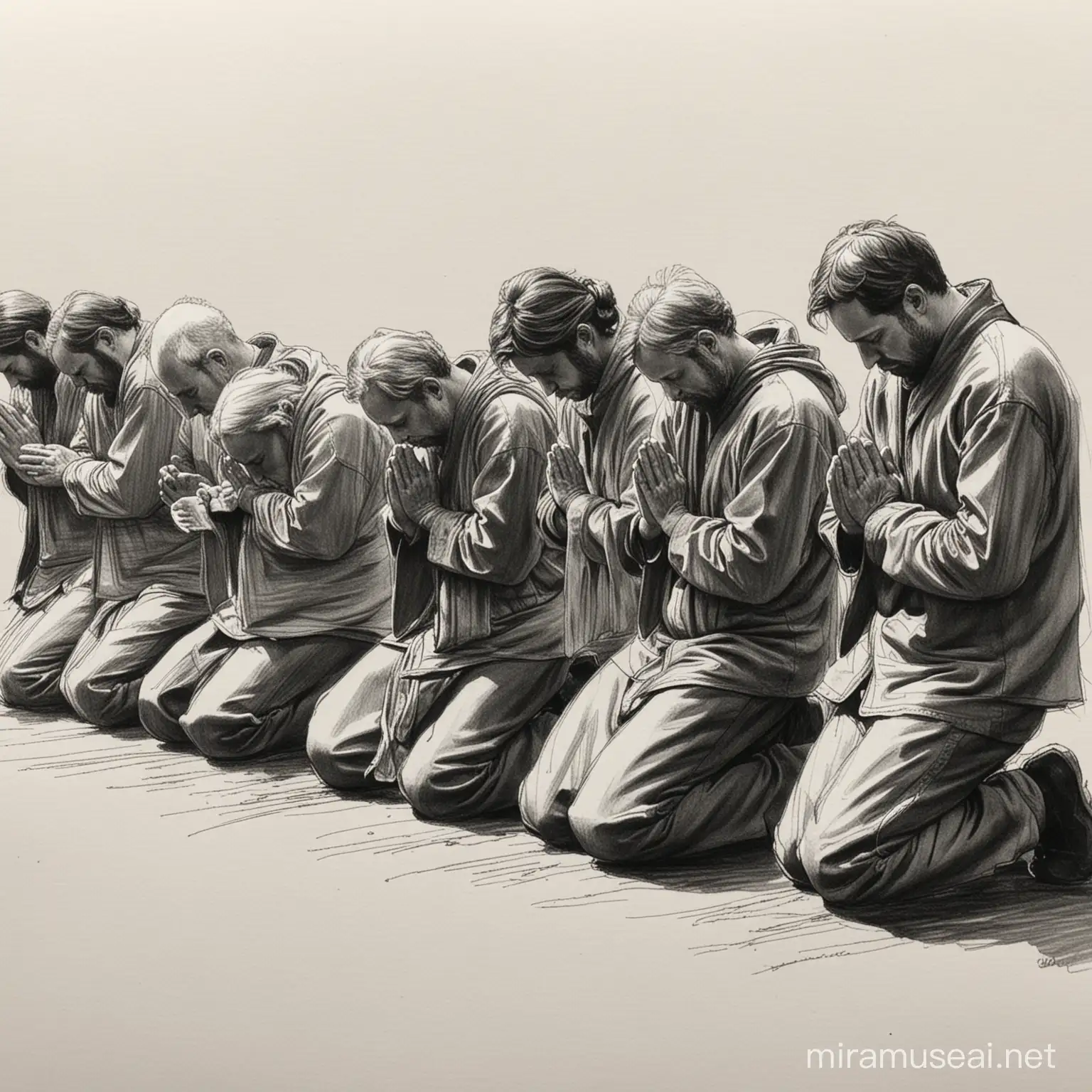 black and white pen sketch of people kneeling in prayer
