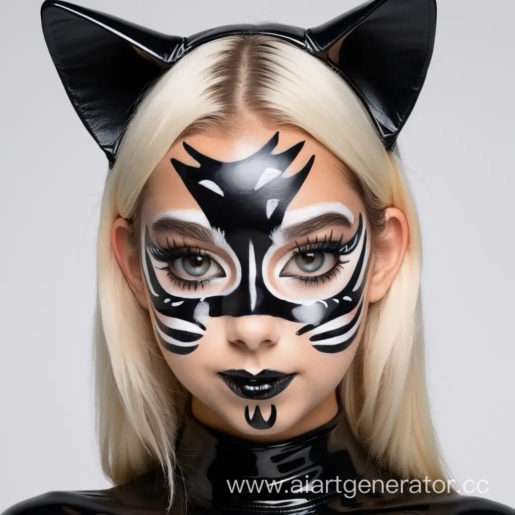 Латексная девушка в надувном костюме кошки с гримом кошки на лице