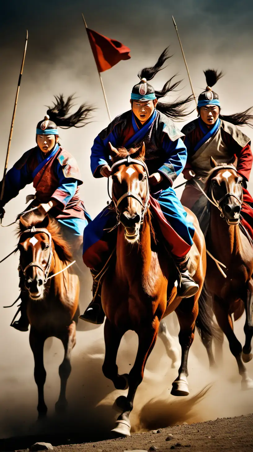 create a image of ancient mongolians riding horses in full speed
