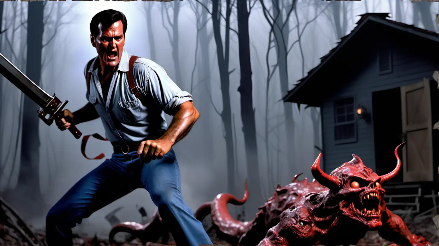 Ash Williams played by Bruce Campbell battling pokemon posessed by demons from the Necronomicon in the style of Frank Frazetta.  Background is outside the cabin from Evil Dead.