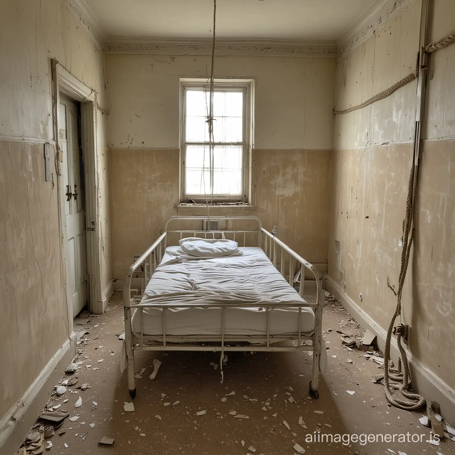 Psychiatric-Hospital-Interior-Bed-with-Ropes-and-Scuffed-Walls