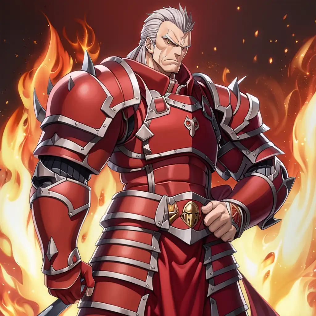 anime man, aged, tall, buff, burly, determined expression, red theme, sharp eyes, intimidating, comb over, fire, full body, dynamic pose, looking over shoulder, judgement, wearing armor, standing tall, full body