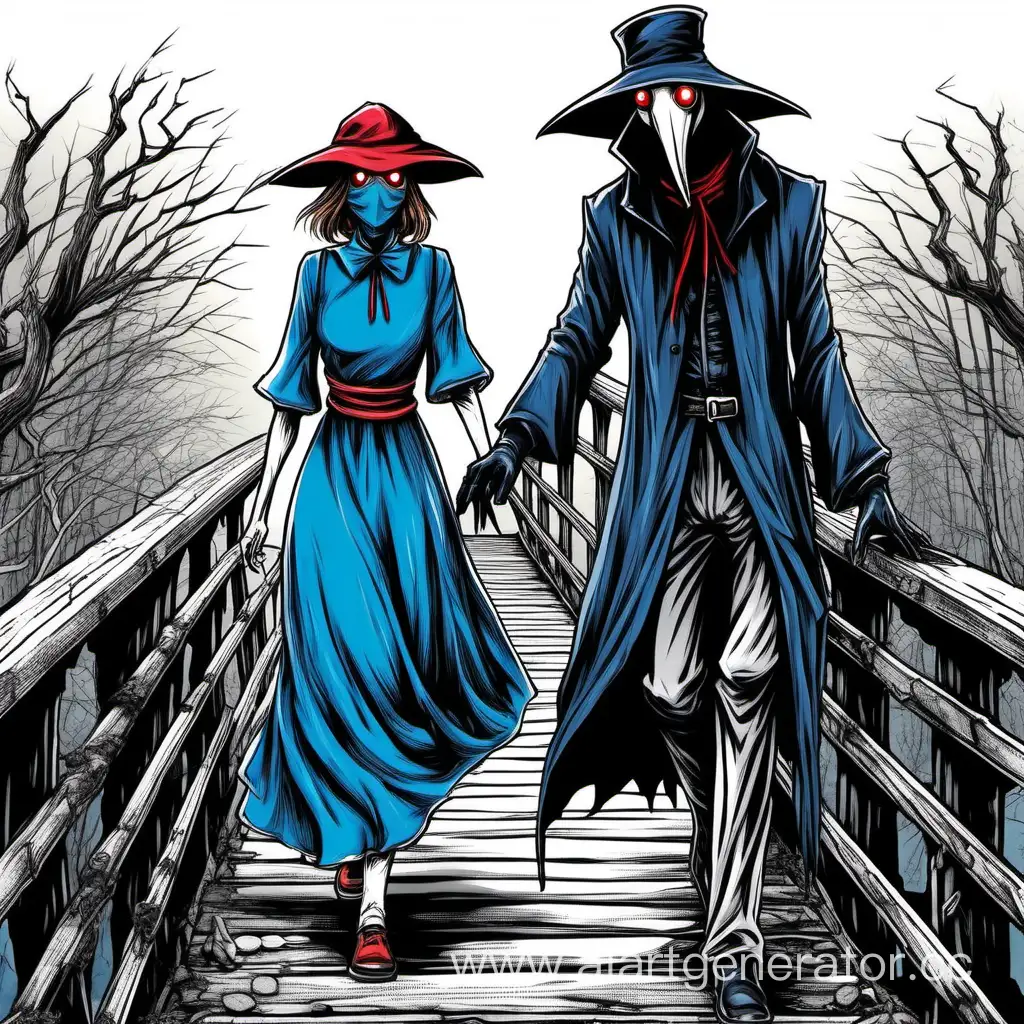 Чумной доктор с красными глазами вместе с девушкой с синим платье, идут по старому мосту. В стиле Японской Манги