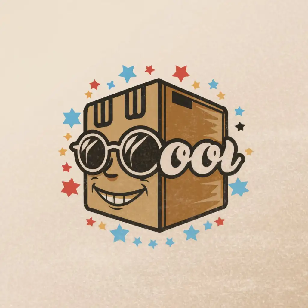 a logo design, with the text 'Cool', main symbol: A big, realistic, simple, cool and attractive shipping cardboard box with a face with sunglasses on, Moderate, clear background with cartoon stars around logo