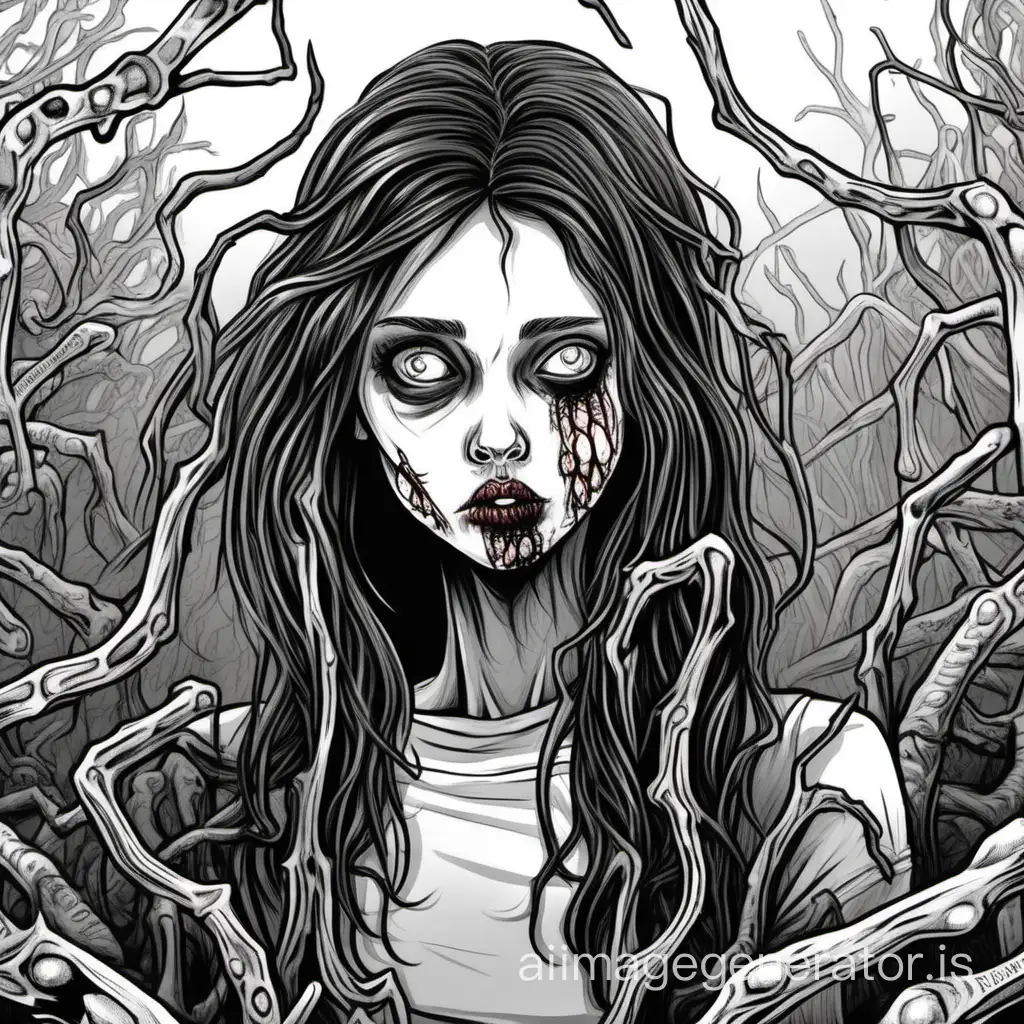 Draw a brunette beauty who, at the age of 19, has her brain taken over by Cordyceps fungus, turning her into a zombie.