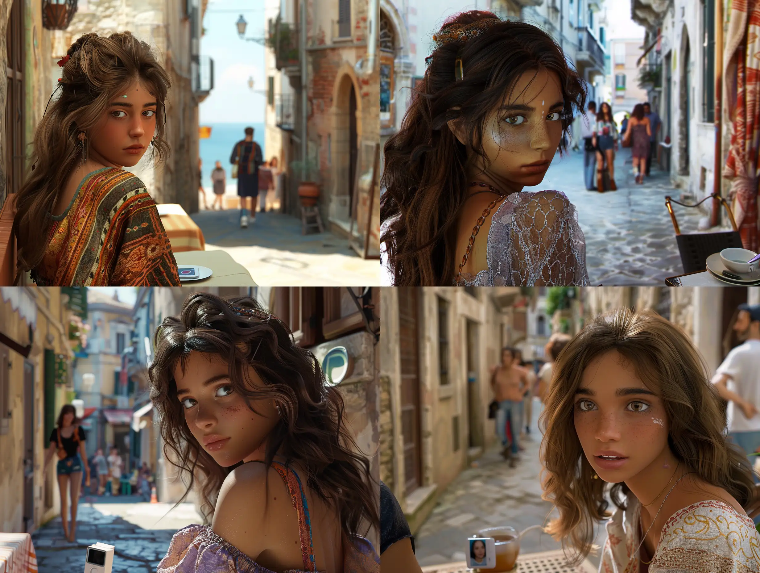 A girl with gypsy brown hair and Arab features is in a cafe and looking at passers-by in an alley in Italy, in a very realistic scene., Landscape, Classicism, Cinema 4D, Panoramic perspective, Muted Colors, Coastal Beach, Instant Camera, Dramatic Lighting, Love‎,,