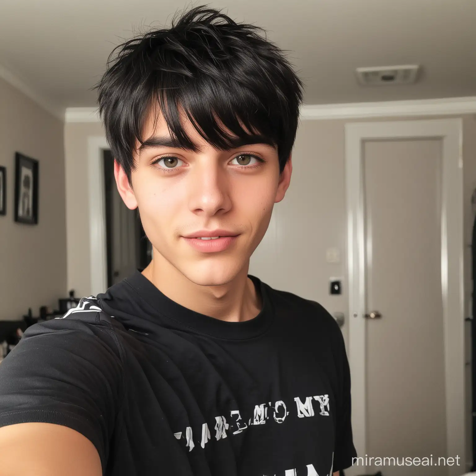 Teenage Boy with Black Hair Taking Selfie in Bedroom