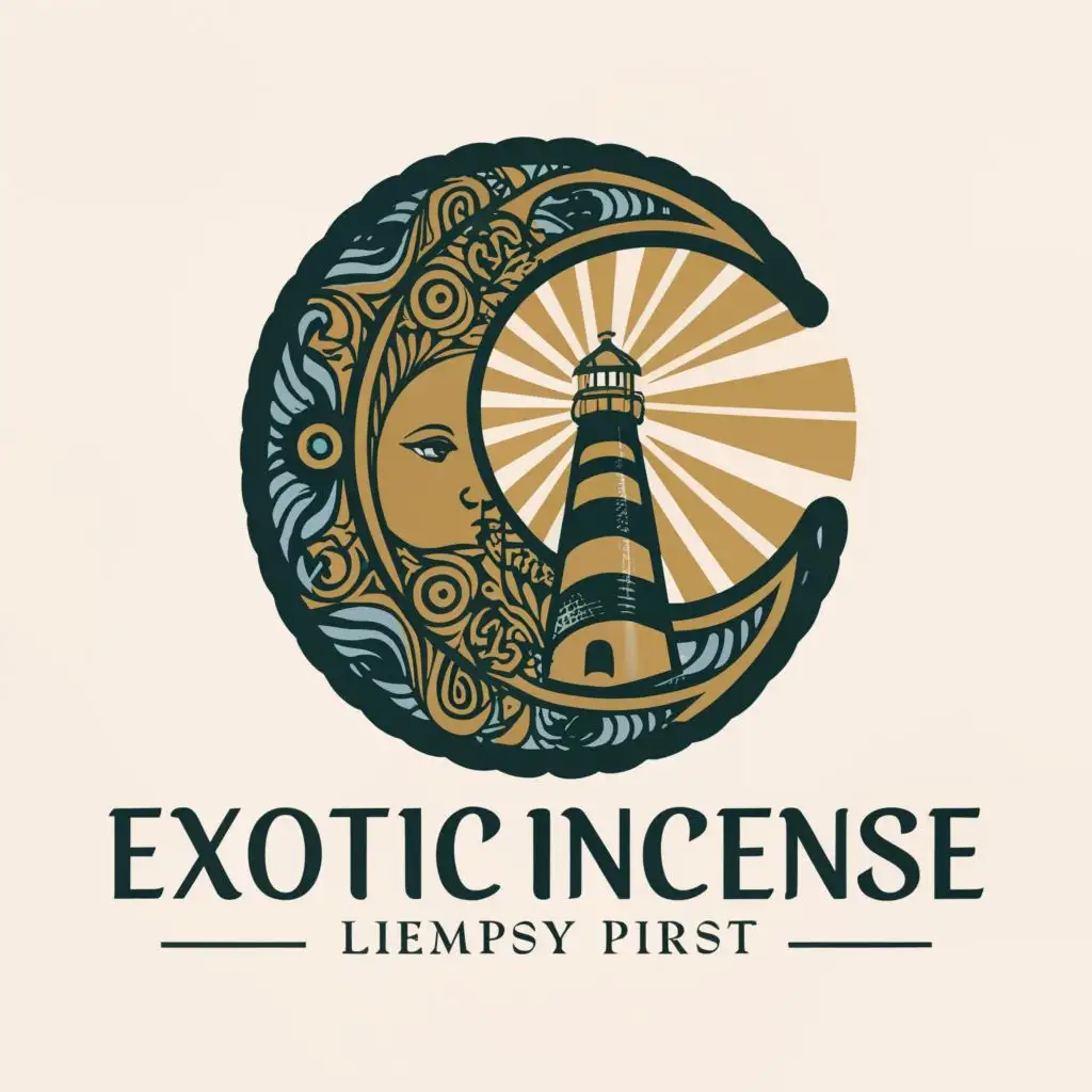 a logo design,with the text "Exotic Incense", main symbol:Moon,complex,be used in Travel industry,clear background,blue green paisley lighthouse nautical incense